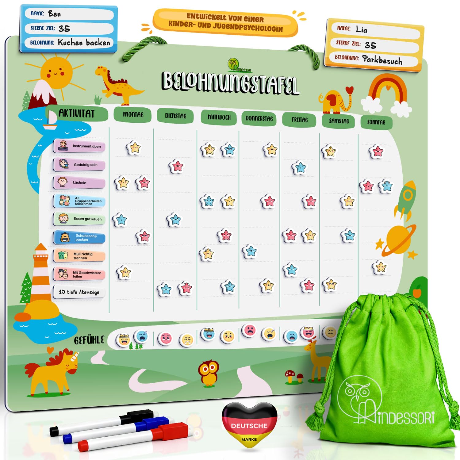 Belohnungstafel für Kinder - [110+20 Aufgaben - 480 Gefühle & Stern-Magnete] - Montessori Magnettafel für Emotionen, Verhalten, Verantwortung & Selbstständigkeit, Tasche, 3 Stifte