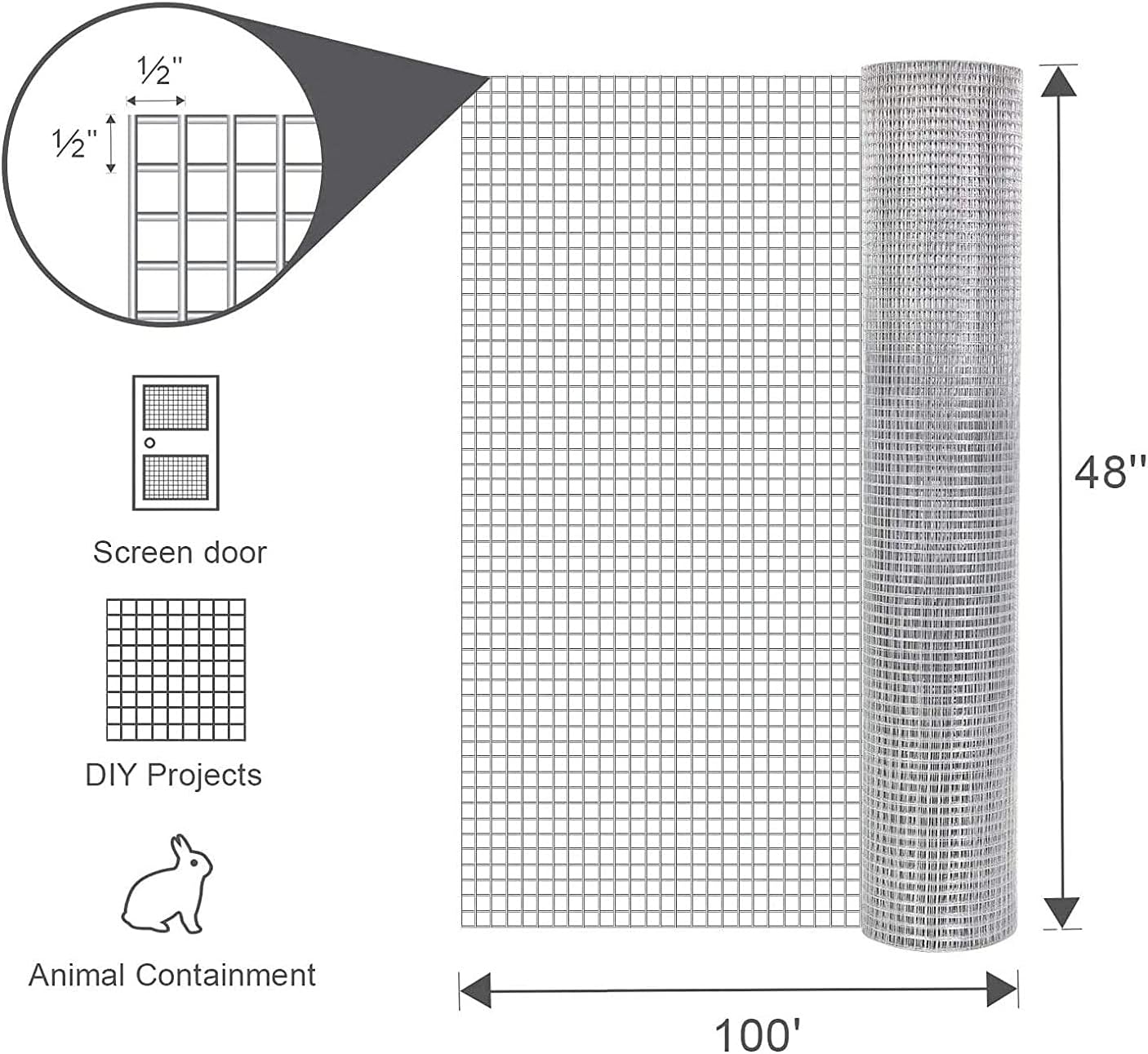 PS Direct Hardware Cloth - 48 Inch x 100 Foot Multipurpose Galvanized Mesh – 1/2 Inch Square Openings, Great for Chicken Coop, Gutter Guard, Animal Control and Garden Use, 19 Gauge, 1 Roll