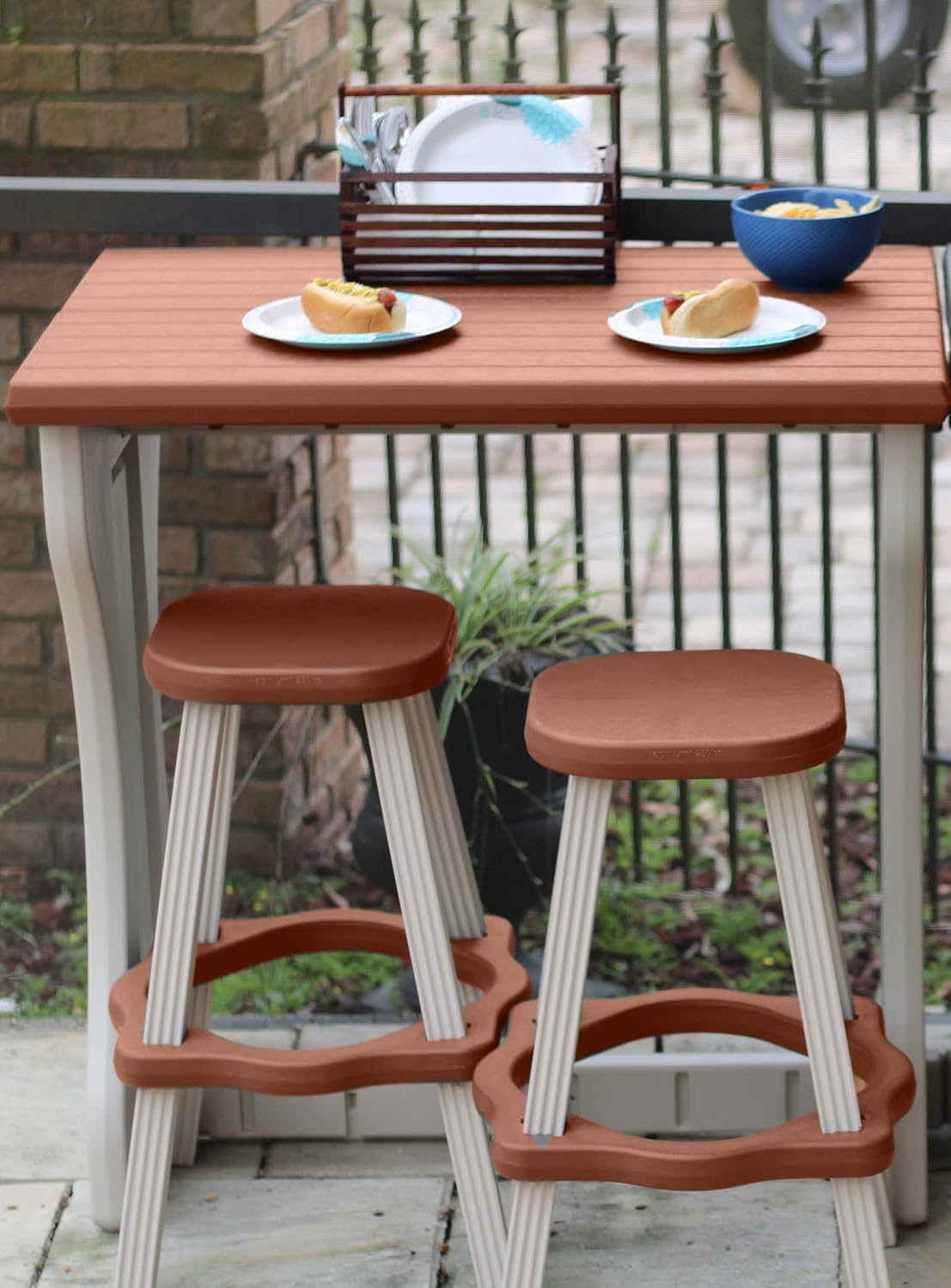 Double Bar Set Includes 2 Barstools Redwood Top & Warm Grey Base Ideal for Patio Hot Tub Area Backyard Durable WeatherResistant Design Easy Nohardware Assembly Proudly Made in USA