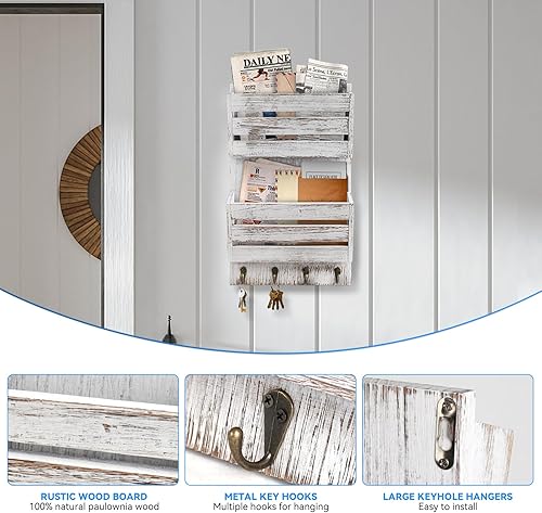 Miniatura 10 de Organizador de correo de pared con 4 ganchos para llaves, clasificador de correo colgante de madera rústica, soporte para llaves de granja para