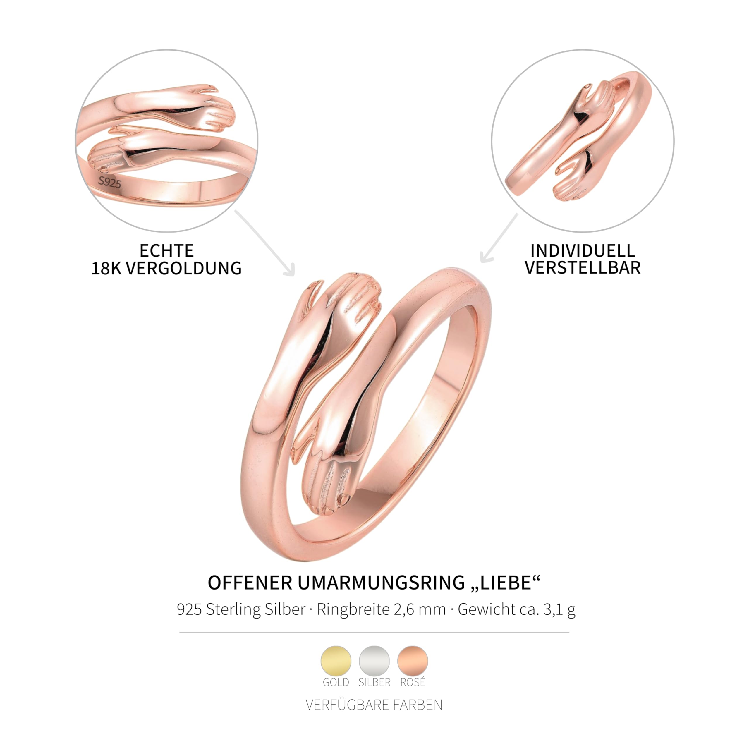 Roségold Umarmender Ring, 925 Sterling Silber Offener Ring, Vergoldet Hug Ring, Verstellbarer Umarmungsring, Geschenkidee