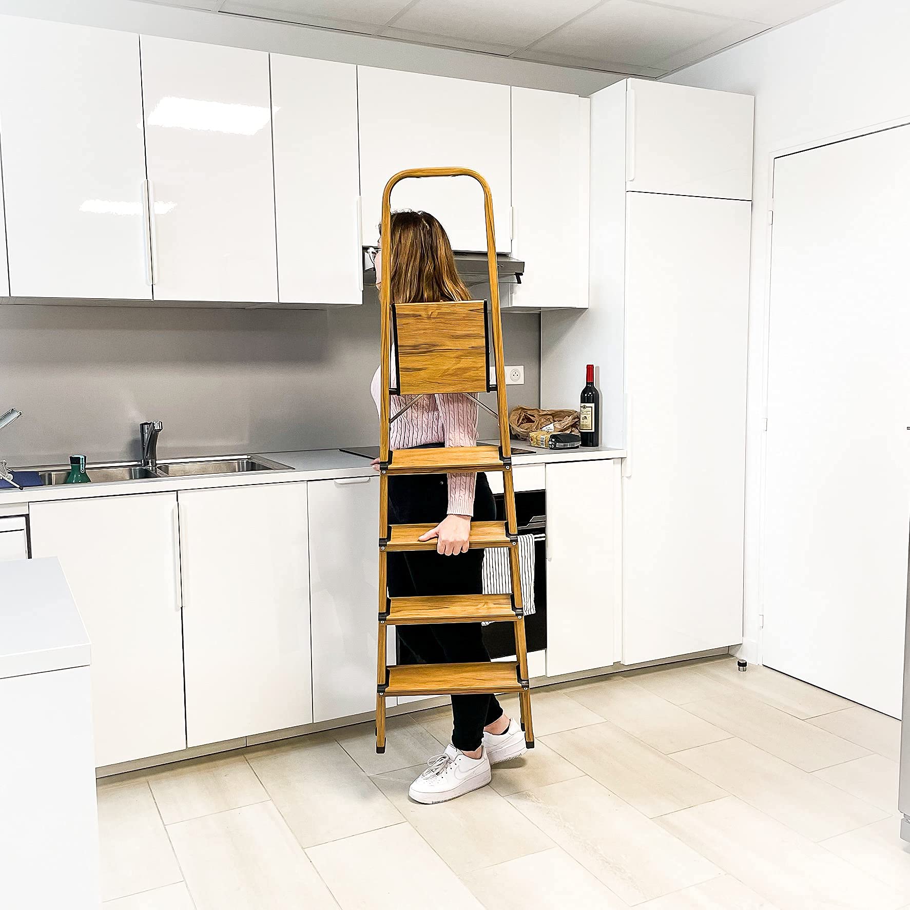 KELI - Escabeau Domestique, Marchepied, Fabriqué en Aluminium Finition Bois (Chêne Naturel) (5 Marches (Hauteur de Travail 2,47))