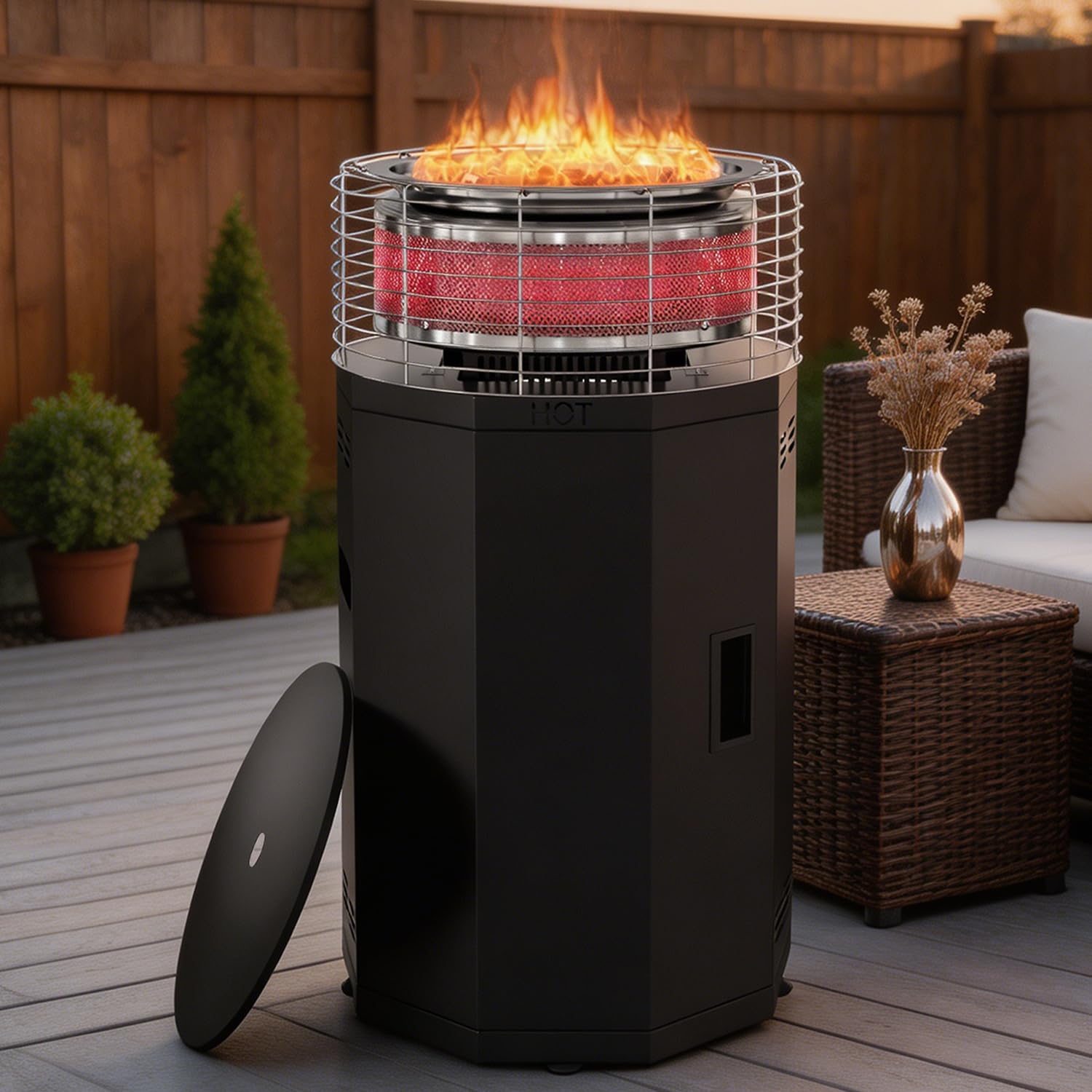SUNYRISY Rauchfreie Outdoor Heizstrahler Gas Feuerschale Tragbarer Terrassenheizer, 16 kW Dual-Brenner 3-in-1 Außenheizung Propan Feuertonne Feuersstelle für Garten, Camping, Druck-Zündung
