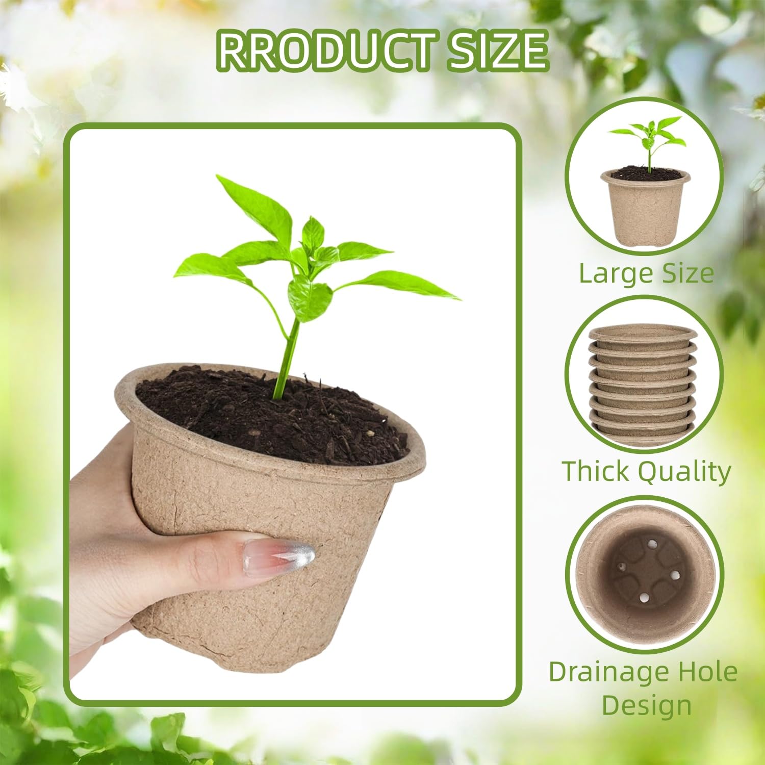 50 Piezas Grande Macetas Biodegradables, 11cm Semilleros de Germinacion, Redondas Macetas con Agujeros de Drenaje, con 1 Botella de Pulverización, para Plantasde de Semillero, Flores, Plantas