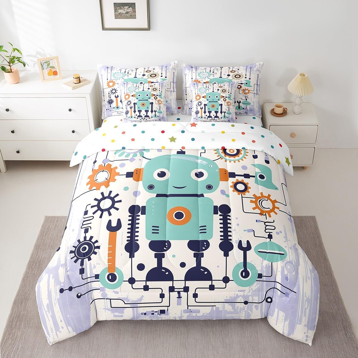 Modern Robot Comforter Set for Kids Room Decor,Intelligent Machine Themed Bedding Set Queen Size 7 Pcs,Funny Geometric Lines Bed in a Bag with Comforter, Sheets, Pillowcases & Cushion Cover image 2