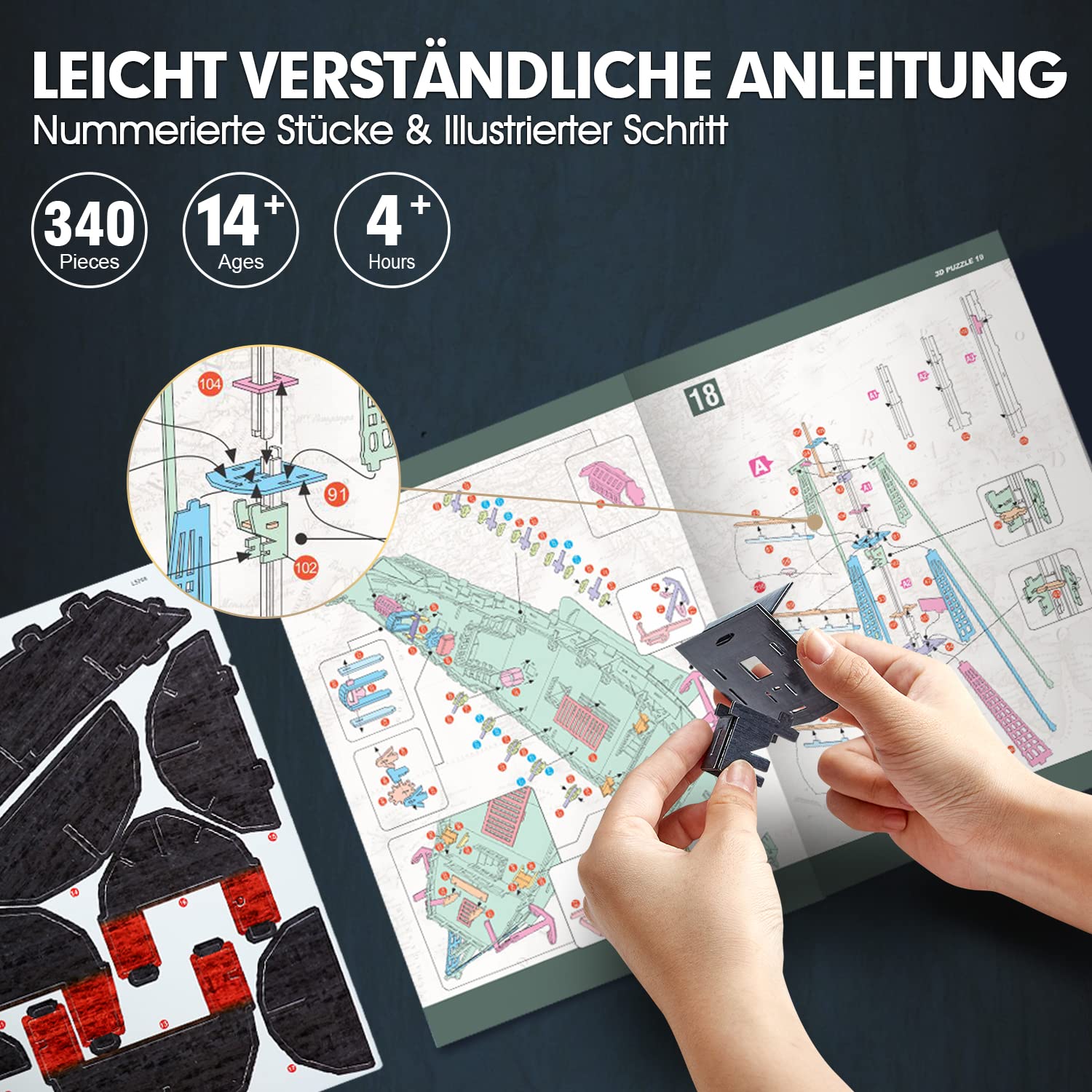 CubicFun Puzzle 3D LED 68 cm Black Pearl – Modell eines Bootes der Queen Anne's Revenge, Geburtstagsgeschenk für Erwachsene, 340 Teile