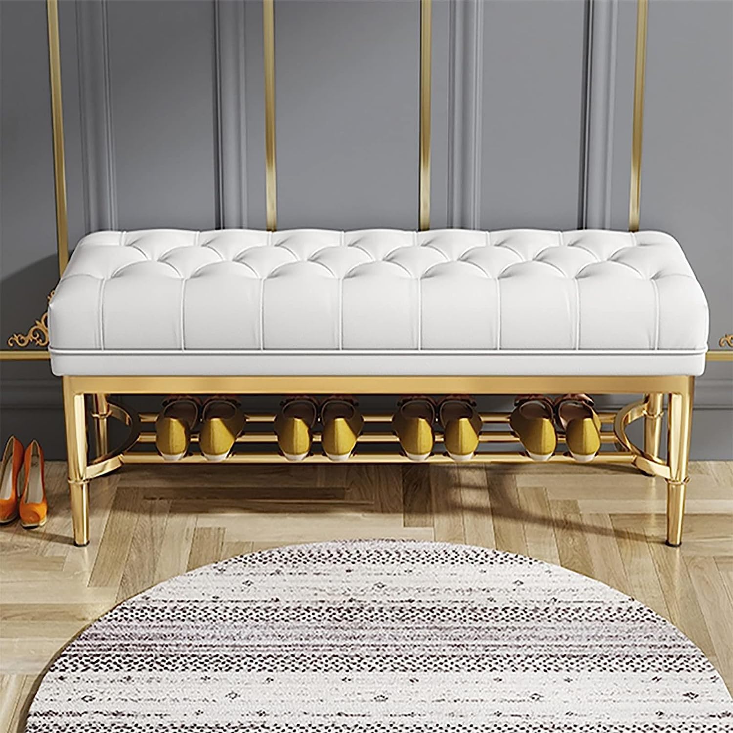Banc d'entrée en cuir haut de gamme et son étagère à chaussures dorée