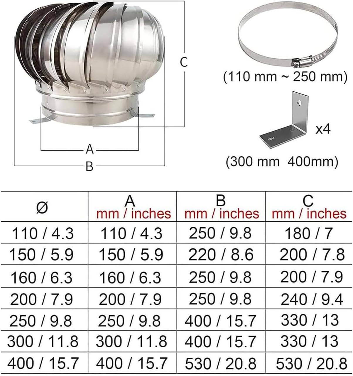 Rotating Roof Vents,304 Stainless Steel Roof Ventilator,Round Air Vent Outlet 8" 12" 14" 16" 18" 20" 24" Roof Wind Turbines Cap Vent,Chimney Cowl Air Vent Attic Ventilator Fan,350mm/13.8in