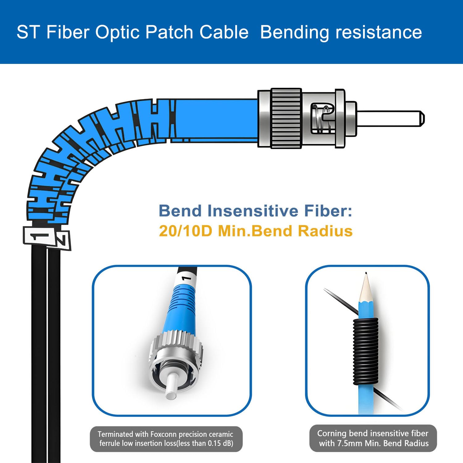 Câble de raccordement en fibre optique blindée extérieur ST vers ST 75 m, câble à fibre optique duplex monomode industriel à enfouissement direct en TPU, câble Internet optique OS2 9/125um OD-5 mm,