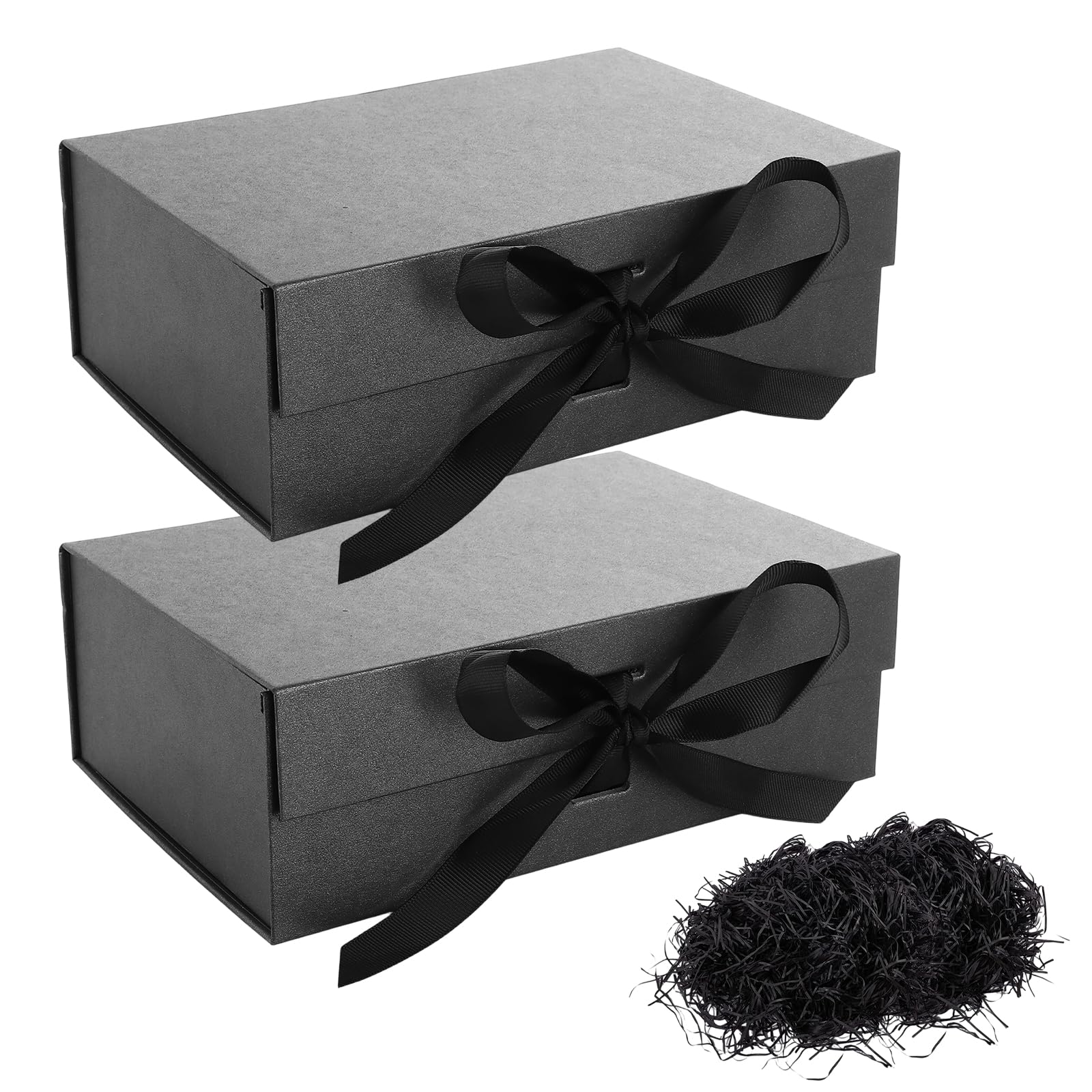 ASelected 2Pcs Gift Box with Ribbon, 24x17x8.5cm Gift Box with Lid, Luxury Black Gift Boxes for Presents, Wedding, Birthday, Anniversary, Festival