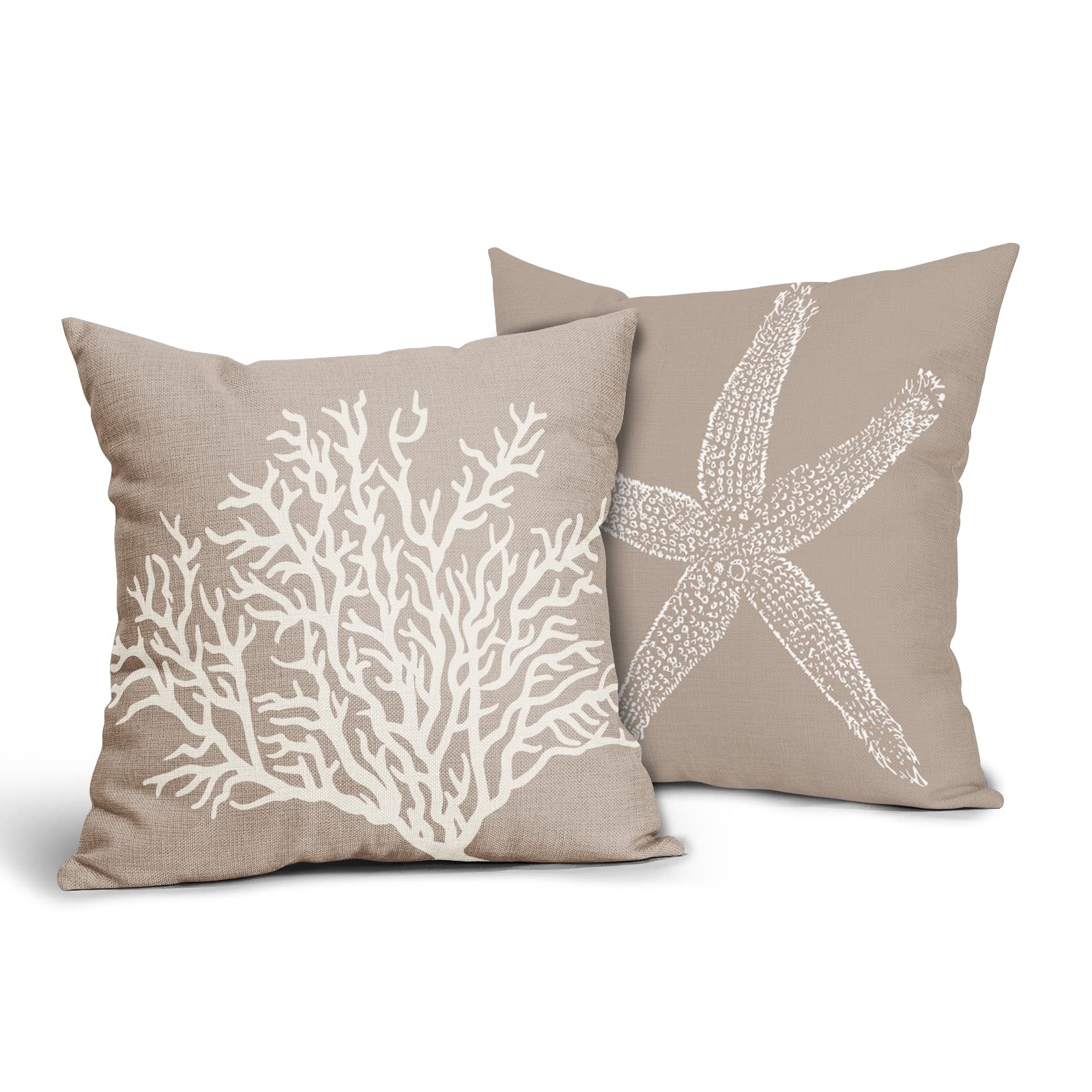 Tan Starfish Throw Pillow Covers 18x18 Inch Set of 2 Coastal Coral Beach Nautical Pillow Covers Summer Farmhouse Pillowscase Linen Square Cushion Covers for Sofa Couch Bedroom Home Decoration