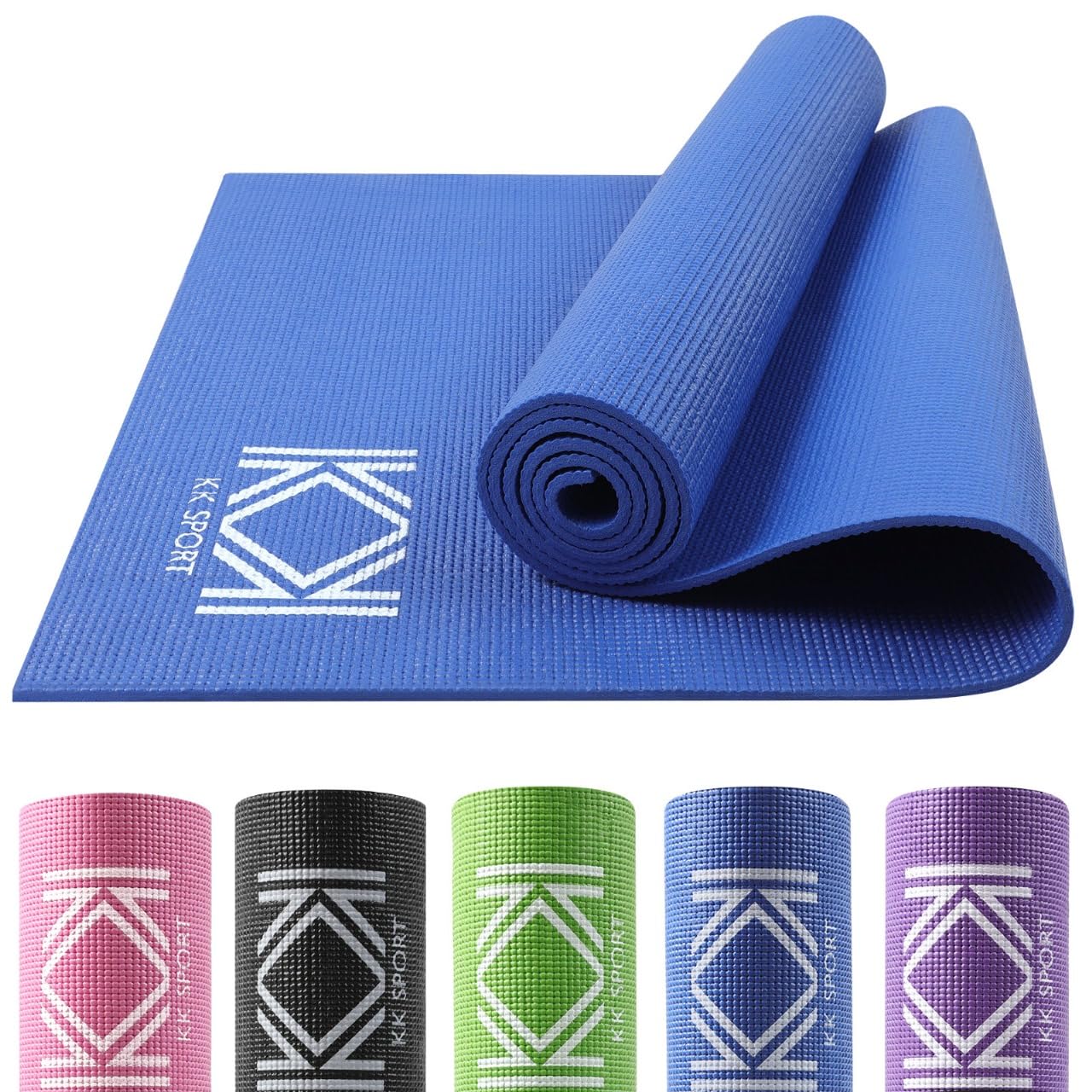 KK 6mm Thick Yoga Mats – PVC Fitness Non Slip Yoga Mat - 180 x 60 cm Exercise Mat - Gym Mats Perfect for Pilates, Stretching, Gymnastics & Camping - Compact Lightweight With Carry Bag (BLUE)
