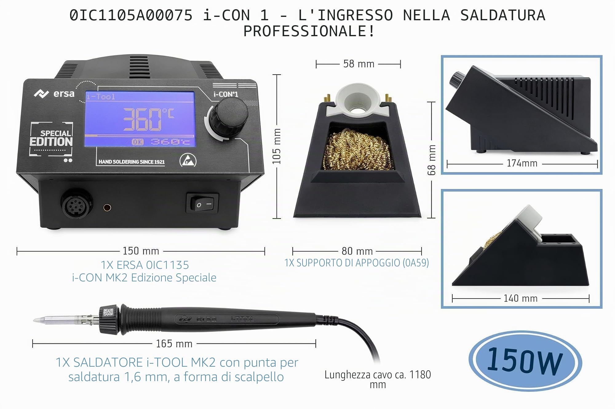 ERSA i-CON1 MK2 - Stazione di saldatura digitale industriale a 1 canale 50-450 °C con 150 W i-TOOL MK2 Tip'n'Turn - cambio di punta antistatico - Kit professionale con 6 accessori