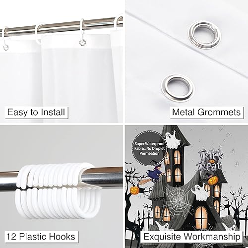 Miniatura 3 de ARESD Cortina de ducha de Halloween para baño, cortina de baño de tela de araña, tela de poliéster, impermeable, decoración de Halloween, con 12