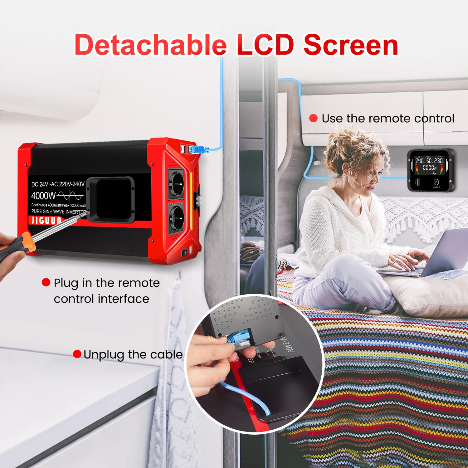 JIGUUN Konwerter 1500 W 12 V na 230 V z czystym sinusoidalnym pilotem zdalnego sterowania Wyświetlacz LCD 2 gniazdko UE i 1 port USB Moc szczytowa 3000 W do samochodu, na kemping, w podróży, w nagłych