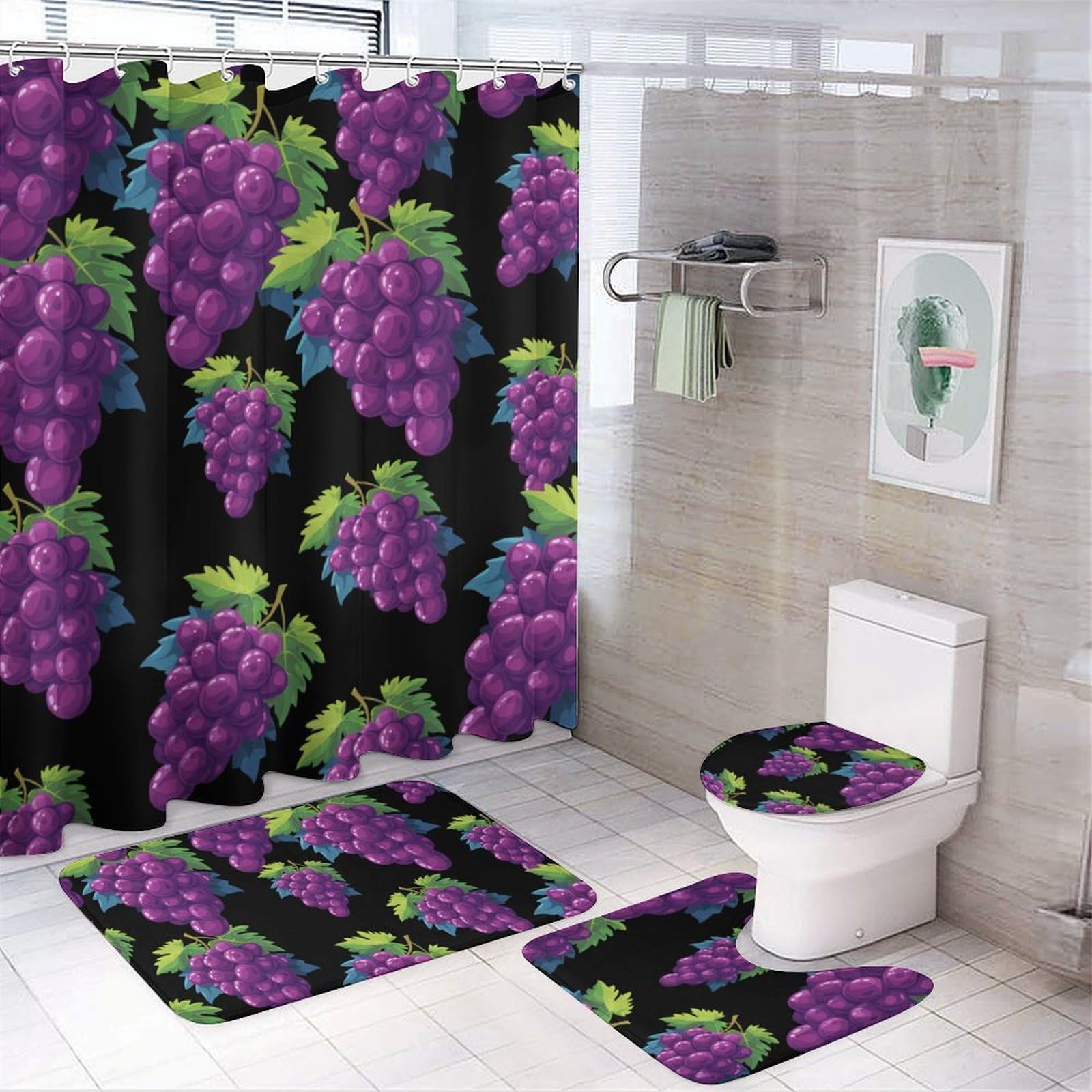 CGSBNGHA Grapes Shower Curtain Set 4 Piece Bathroom Sets with Rugs Toilet Lid Cover And U-Shaped Floor Mat
