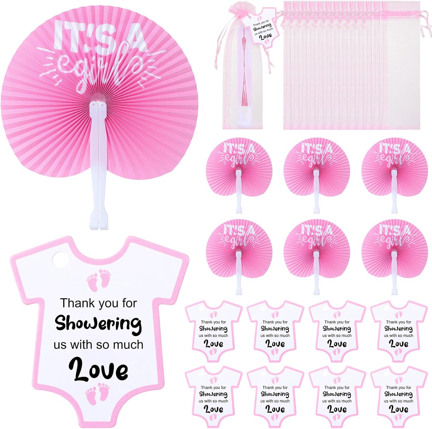 Redbaker 50 Sets Baby Shower Folding Handheld Fans Girl Boy Paper Round Shaped Accordion Fans with Baby Shower Favor Tags and Organza Bags for Guests Gender Reveal Party Favors Gifts (Pink)