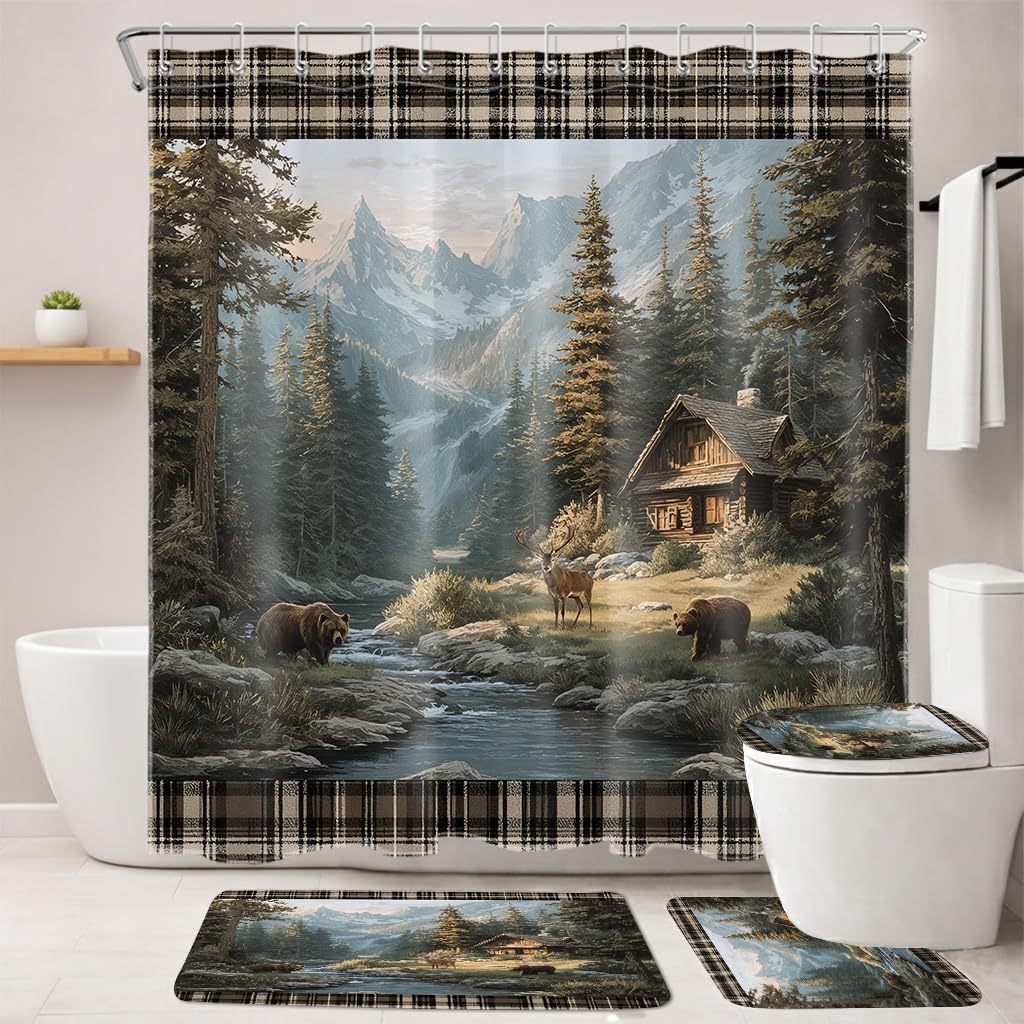 Rustic Cabin Forest Shower Curtain Set with Toilet Lid Cover and Non-Slip Bathroom Rugs, Wild Animal Bear and Deer Brown Vintage Plaid Patchwork Shower Curtain Bathroom Decor,72L X 72W inches