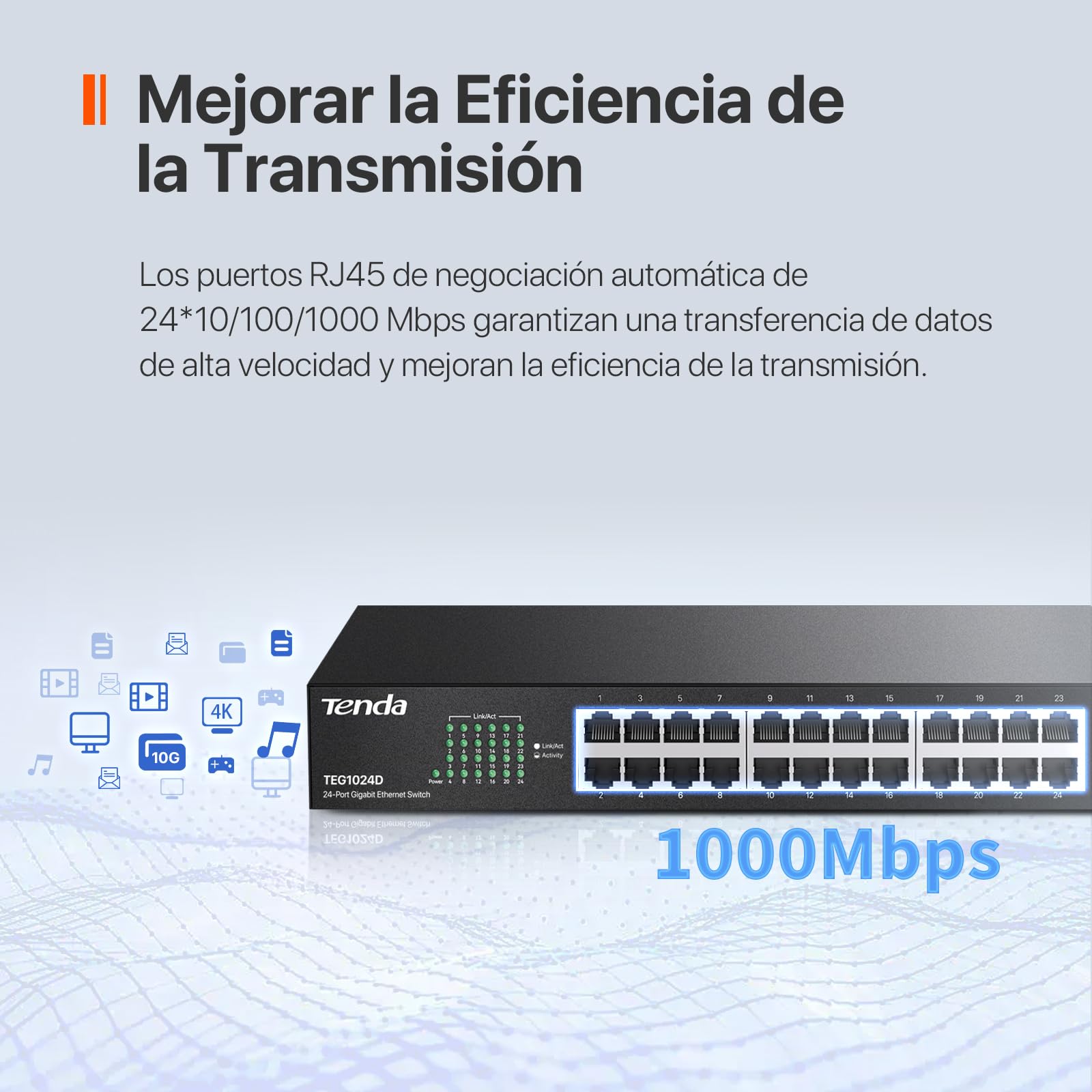 Tenda TEG1024D Gigabit Ethernet Switch, 24 Puerto RJ45, 48 Gbit/s,10/100/1000 Mbps, Auto MDI/MDIX, Montaje en Escritorio/Rack, Protección Profesional contra Rayos, No Administrado, Plug & Play, Metal