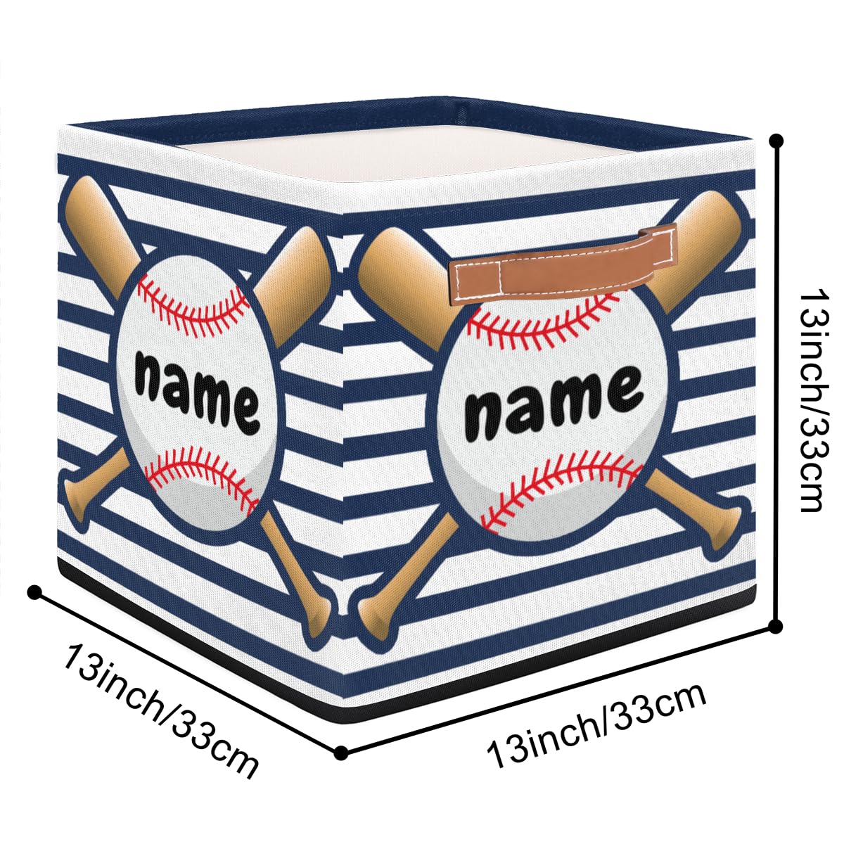 OMFUNS Sport Baseball Personalized Storage Basket 13x13 Blue Stripe Custom Collapsible Cube Storage Bin Fabric Storage Box Organizing for Closet Shelf Home Nursery Toy Basket