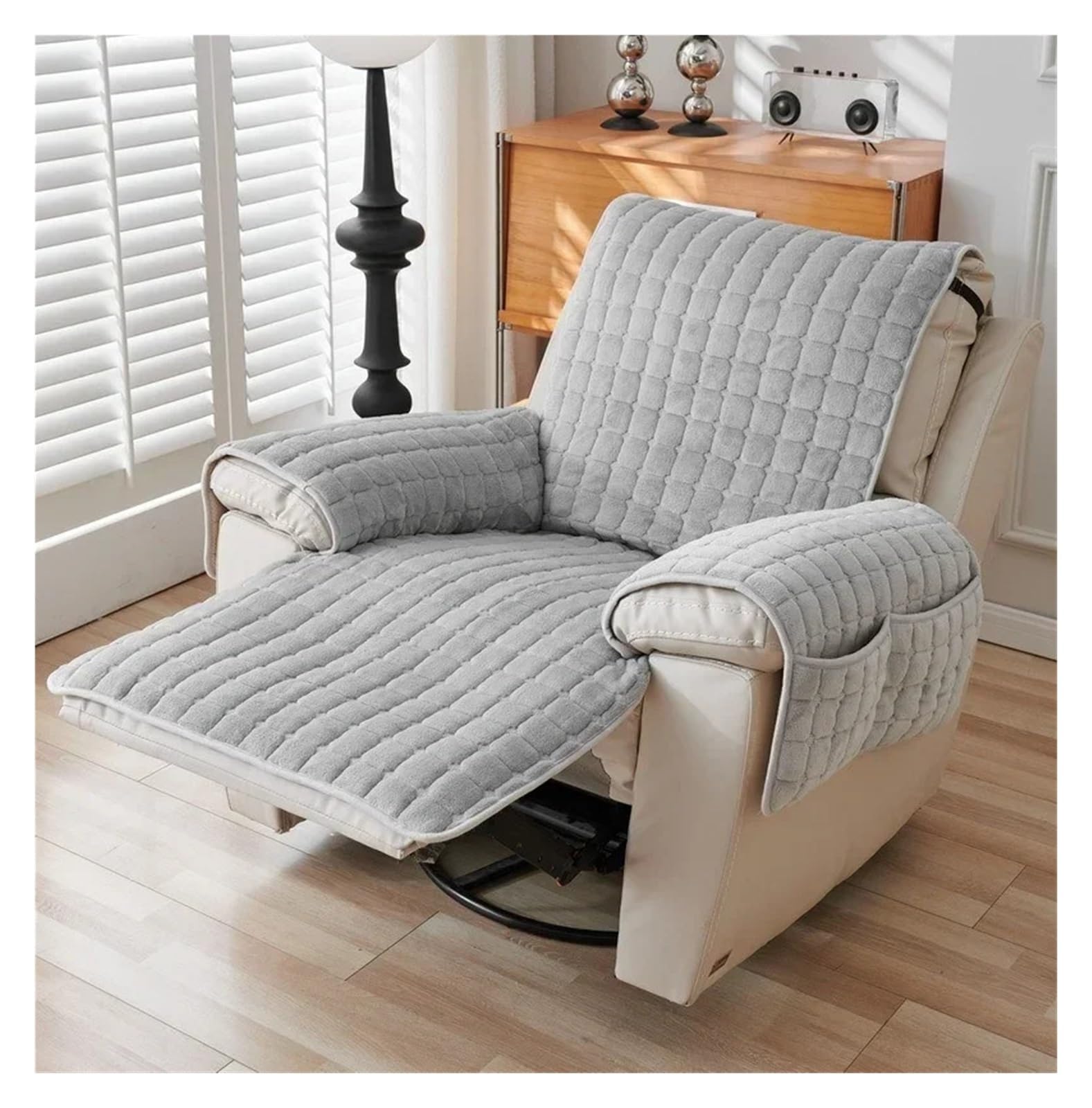WJIAYAO Thick Plush Recliner Chair Cover 1 Seater Recliner Sofa Covers Flannel Plush Armchair Slipcovers with Pockets Relax Recliners Mat Chair Cover Home(Grey)