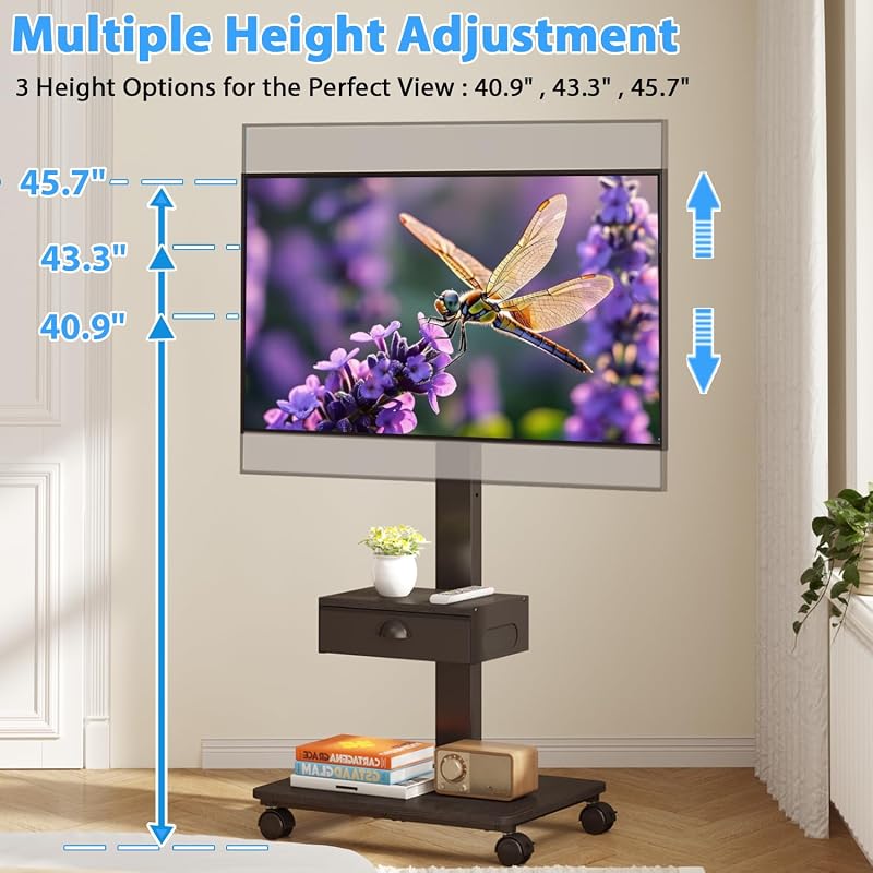 Rolling TV Stand With Drawer, TV Stand Cart On Wheels For 30-75 Inch TVs image 4