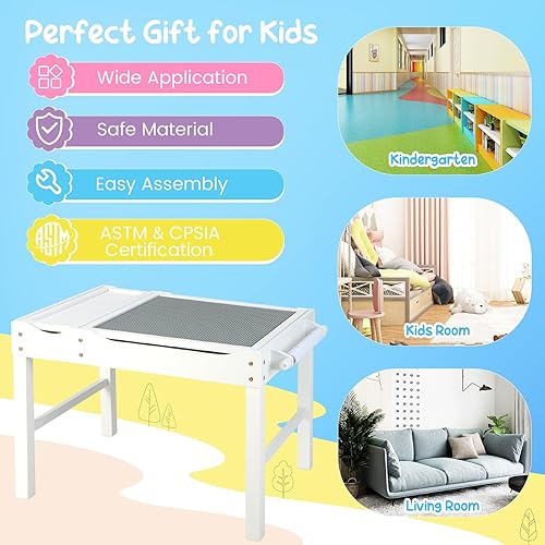 Miniatura 9 de HONEY JOY Mesa para niños, mesa de actividades de madera 2 en 1 con rollo de papel, mesa de bloques de construcción convertible, 3 compartimentos de