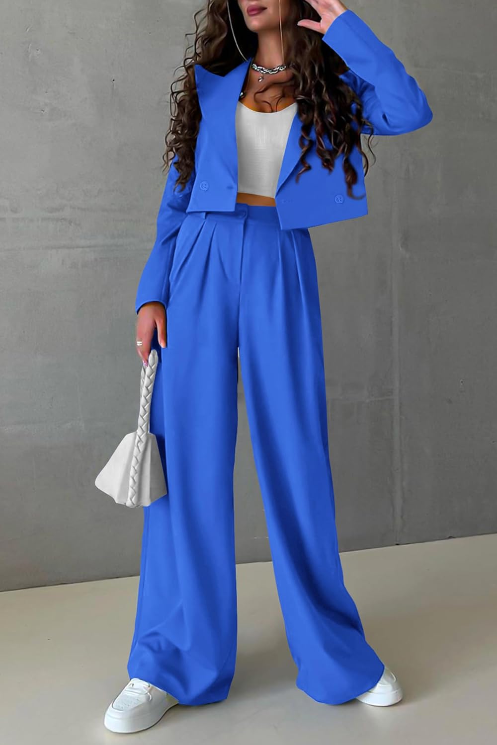 PRETTYGARDEN Women's 2 Piece Casual Outfits Cropped Blazer Jackets High Waisted Wide Leg Work Pants Suit Set - Image 2