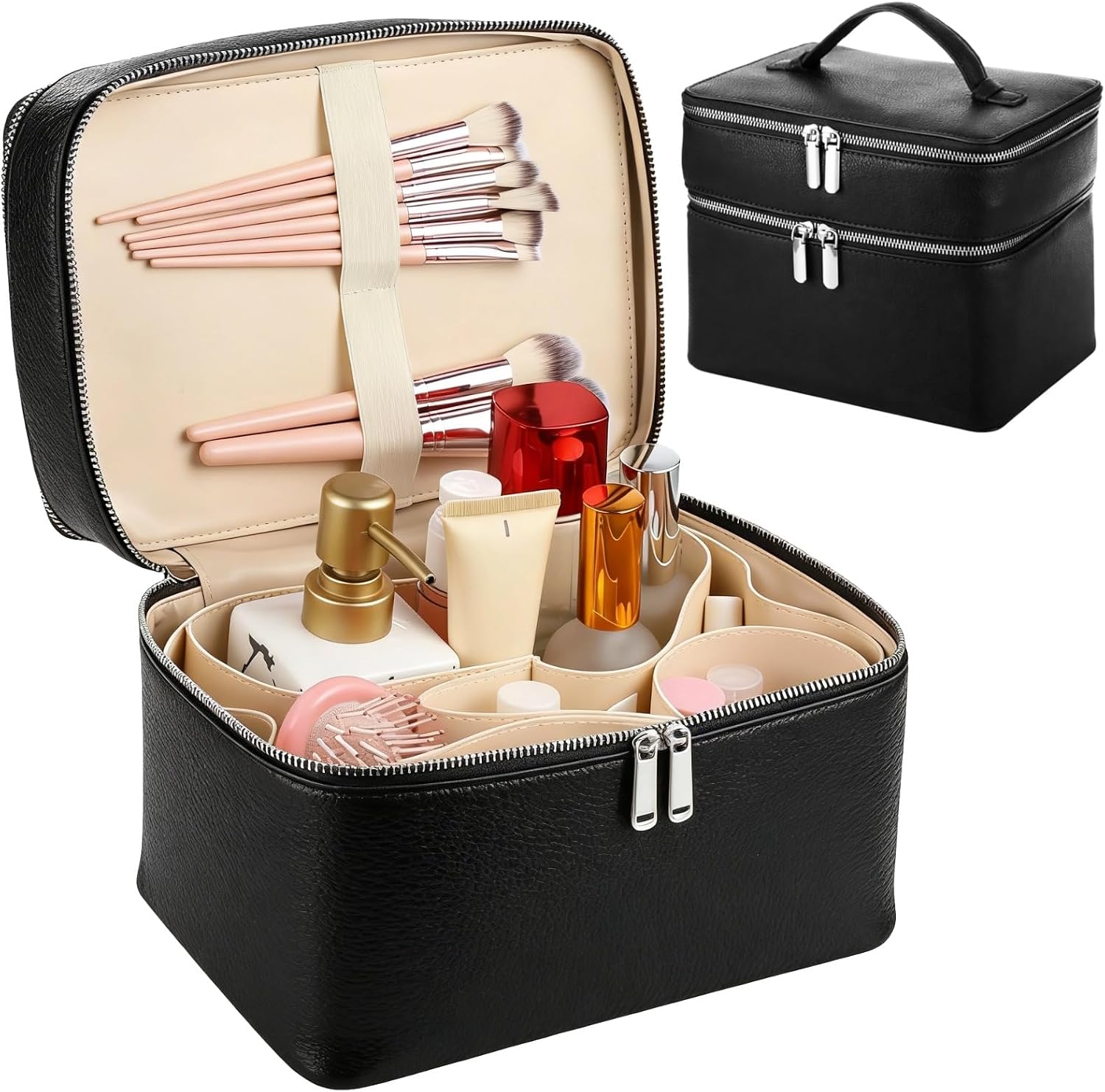 Makeup Vanity Bag for Women - Large Capacity Cosmetic Organizer with Removable Liner, Waterproof PU Leather Skincare Bag, Portable Chic Cosmetic Make Up Case for Skincare, Accessories,StyleC, Black