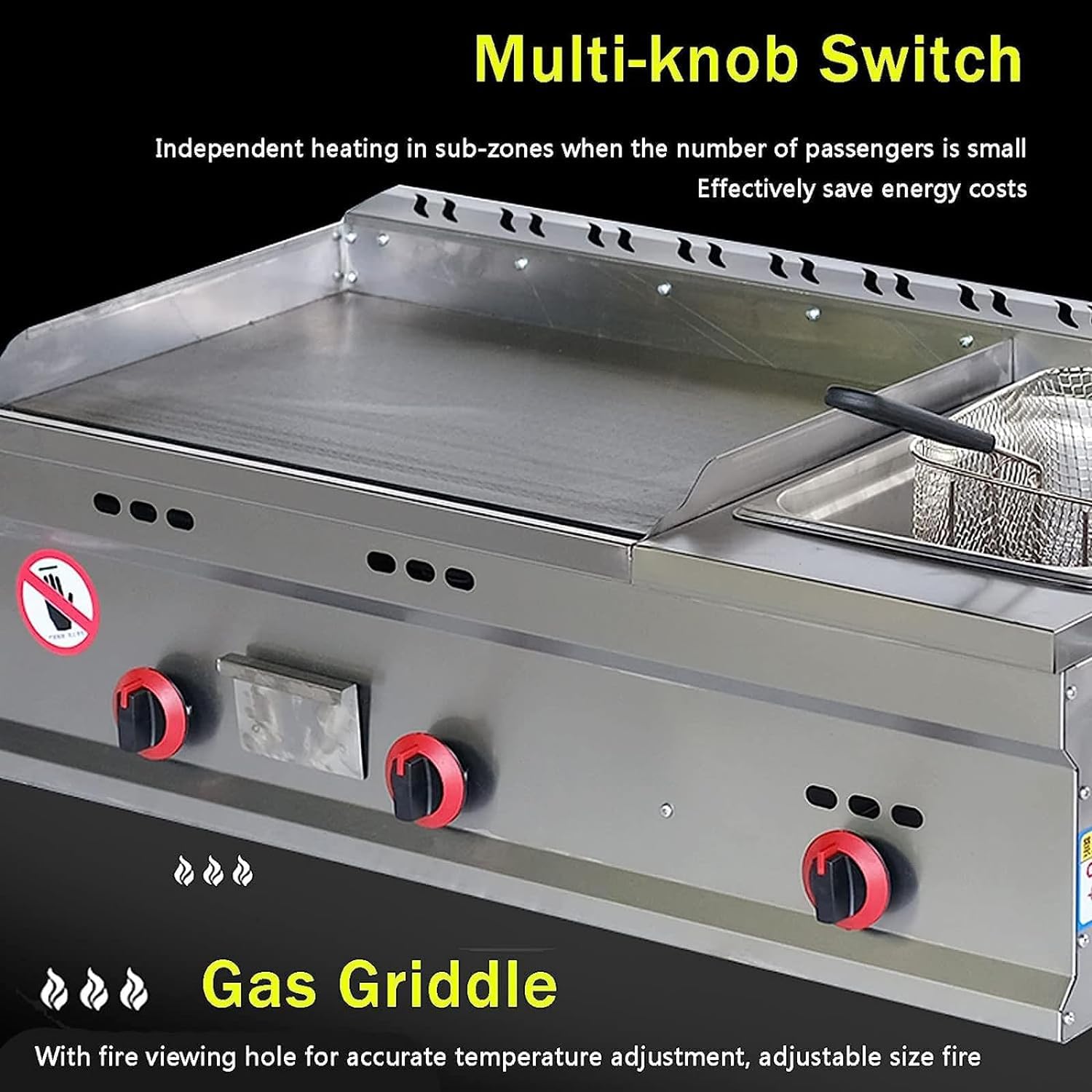 Piastra a gas da banco commerciale, in acciaio inox con cestino, padella Teppanyaki, 3 manopole regolabili per temperatura, ideale per barbecue, bistecche, uova, pancake
