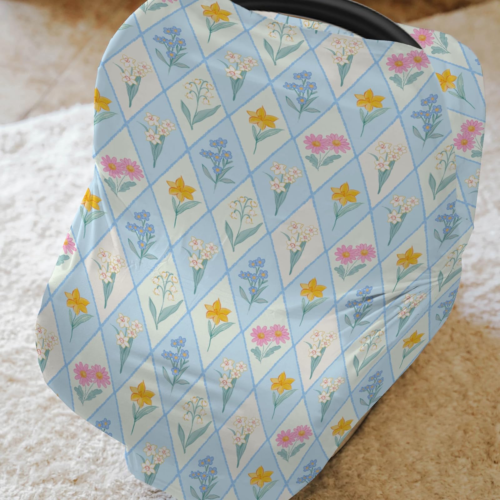 Wildflower Floral Patchwork Baby Car Seat Covers Spring Flowers Grid Stretchy 5-in-1 Cover Adjustable Infant Carseat Cover Canopy Garden Summer Florals Breathable Nursing Cover-Up Blue