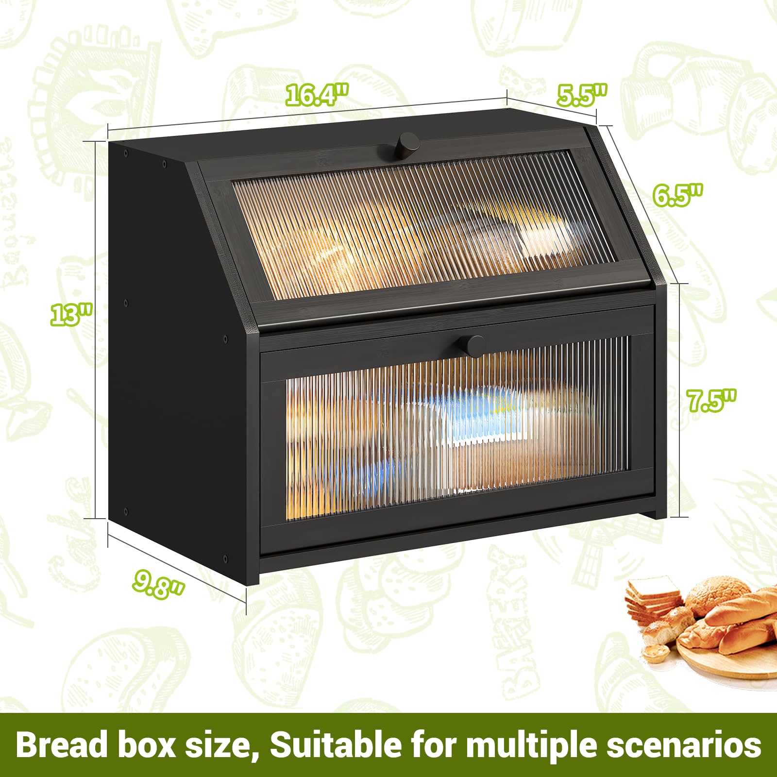BMOSU Brotkasten für Küche, Brotaufbewahrung und Organizer, Bauernhaus, Arbeitsplatte, Brotbehälter mit Milchglasfenster, Brotbox, doppellagig, Bambus, Holz, schwarz), Selbstmontage