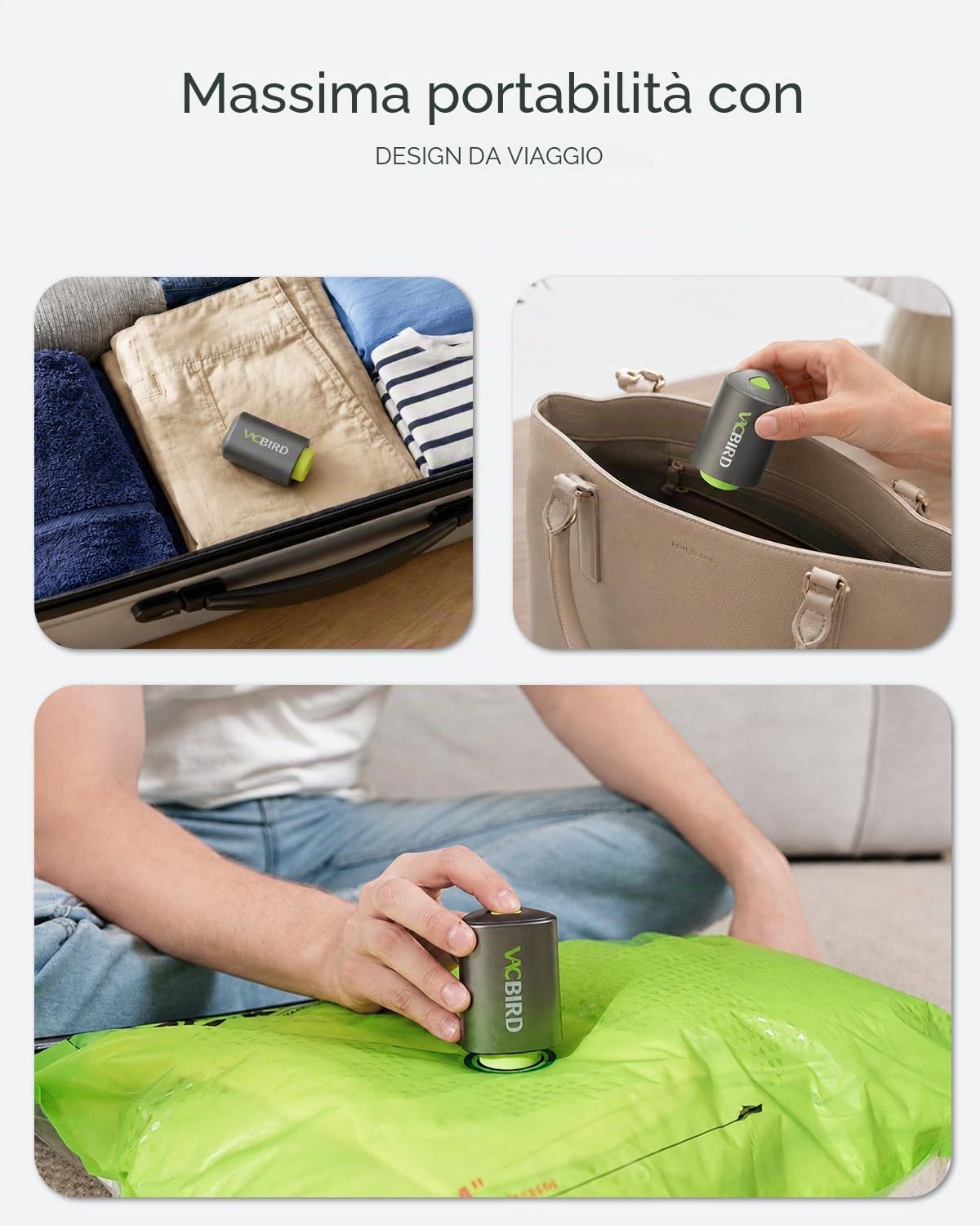 Vacbird 20 Pezzi Sacchetti Sottovuoto Vestiti viaggio con Pompa Ricaricabile Senza Fili, Buste Sottovuoto Vestiti in 3 Misure (40x54, 47x64, 47x64x12 cm) Salvaspazio per Bagagli e Valigie