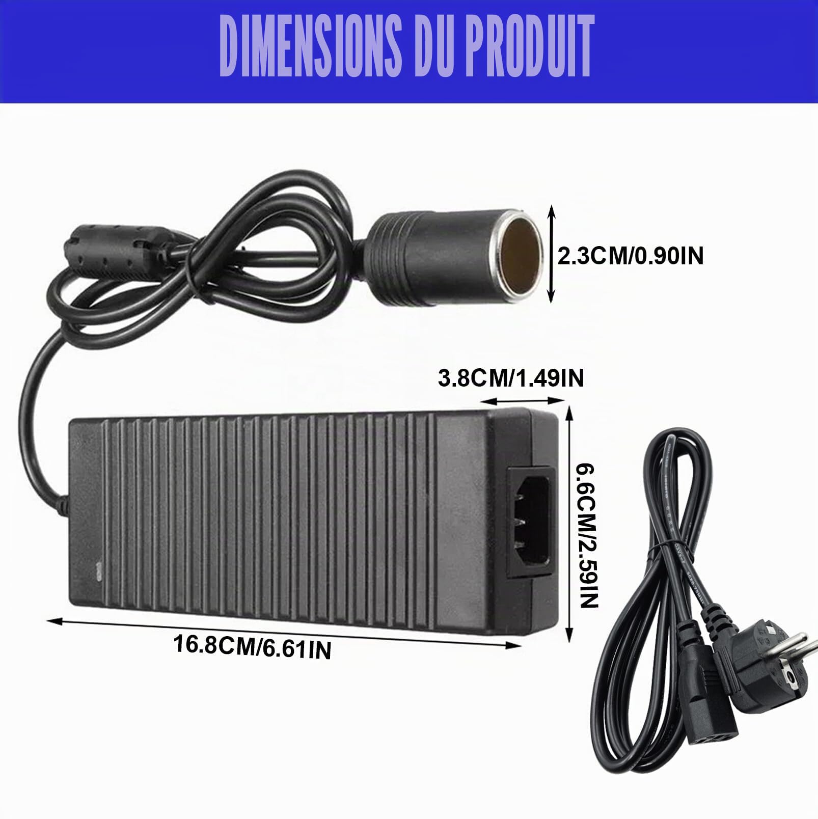Adaptateur secteur pour voiture, convertisseur de tension 230 V vers 12 V, 180 W/15 A, adaptateur onduleur avec prise allume-cigare, adaptateur secteur AC vers CC pour glacière, aspirateur de voiture