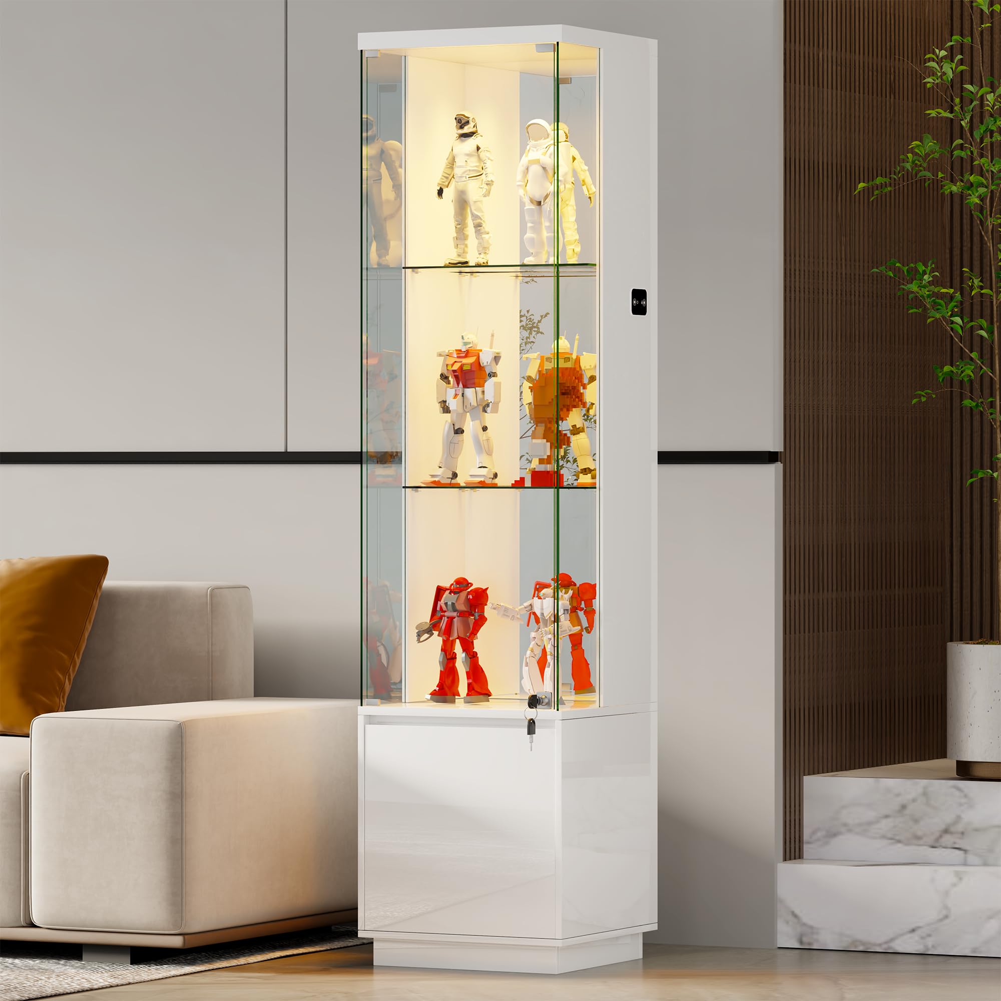 Gurexl 65" Tall Display Cabinets with Lockable Glass Doors,Glass Bookcase Bookshelf with Lights and 3 Tier, Modern High Gloss Cupboard with Human Sensor for Living Room Bedroom,Collection,White