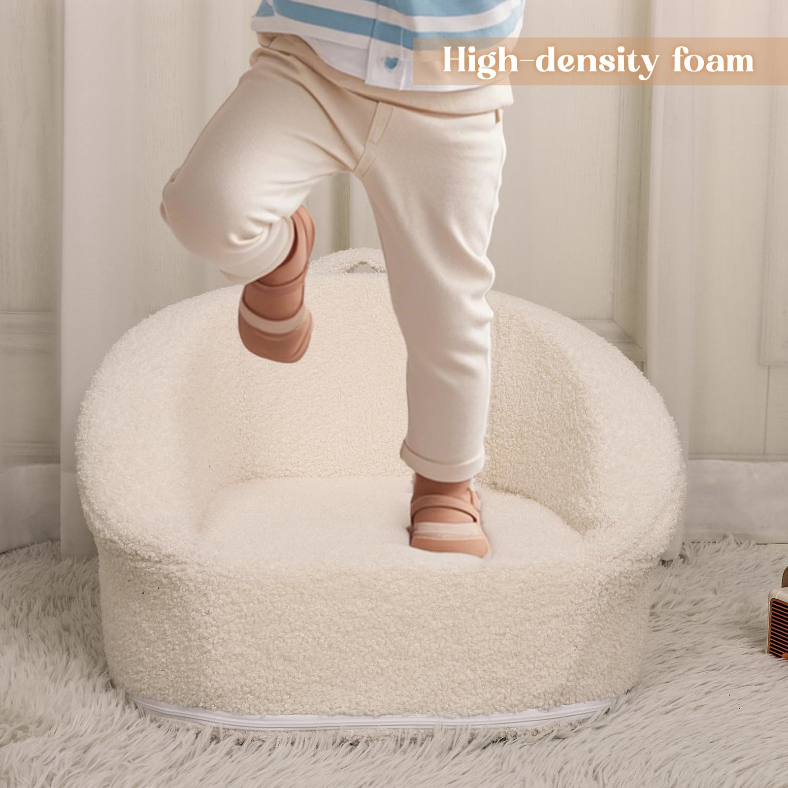 Mini sofá de peluche para niños, silla portátil compacta de 17.3 pulgadas con asa de transporte, funda lavable, diseño seguro y resistente, adecuada para niños y niñas, color blanco 7