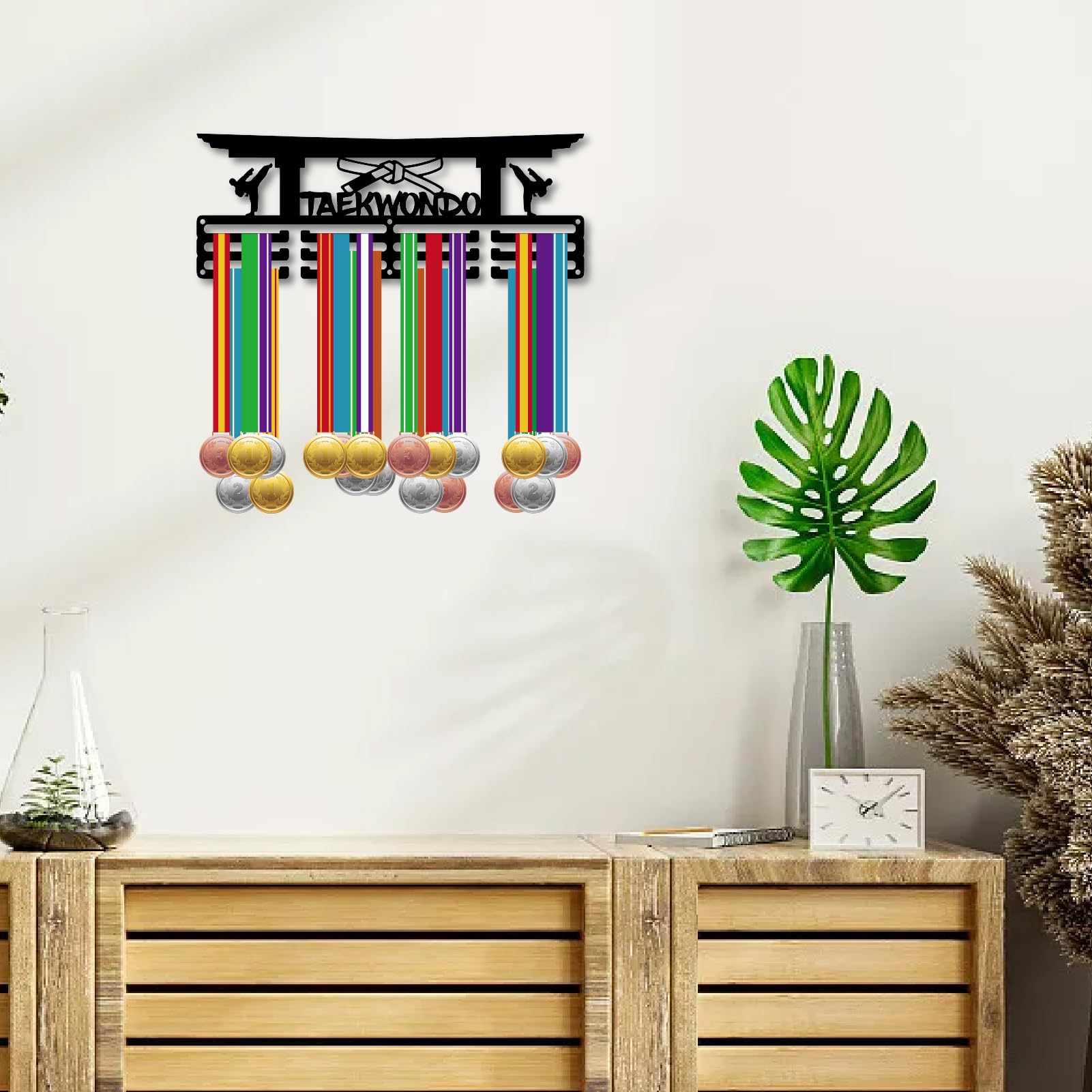 CREATCABIN Taekwondo Medal Holder Medal Hanger Medal Hanging Decor Medal Rack Display Wall Mounted 3 Lines Design Room Home Decoration Gift for Taekwondo Player Race Winner Black 29x13cm