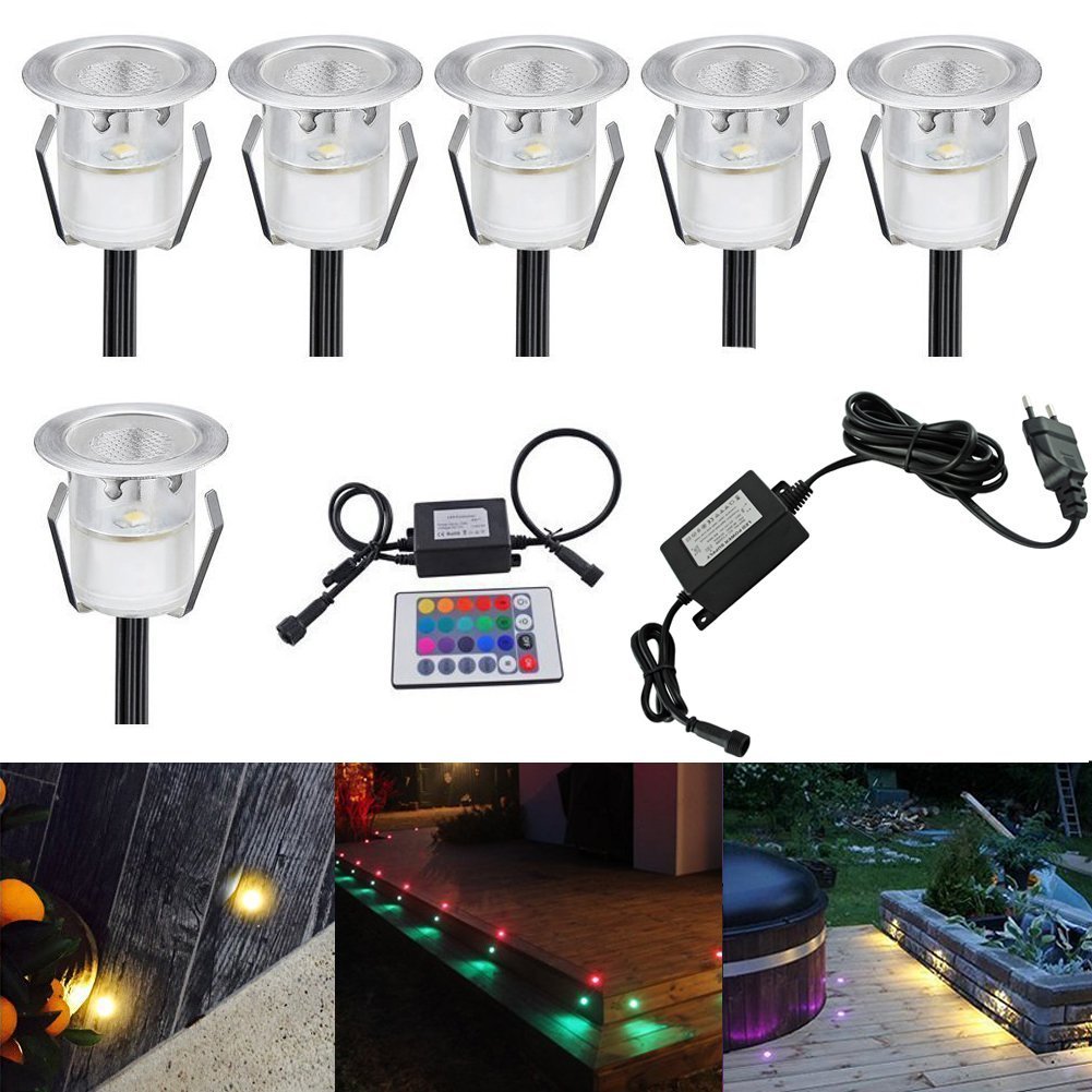 7Colors CHNXU 6xFoco exterior LED empotrables, IP67 DC12 V- para iluminar camino escalera paisaje(RGB)…