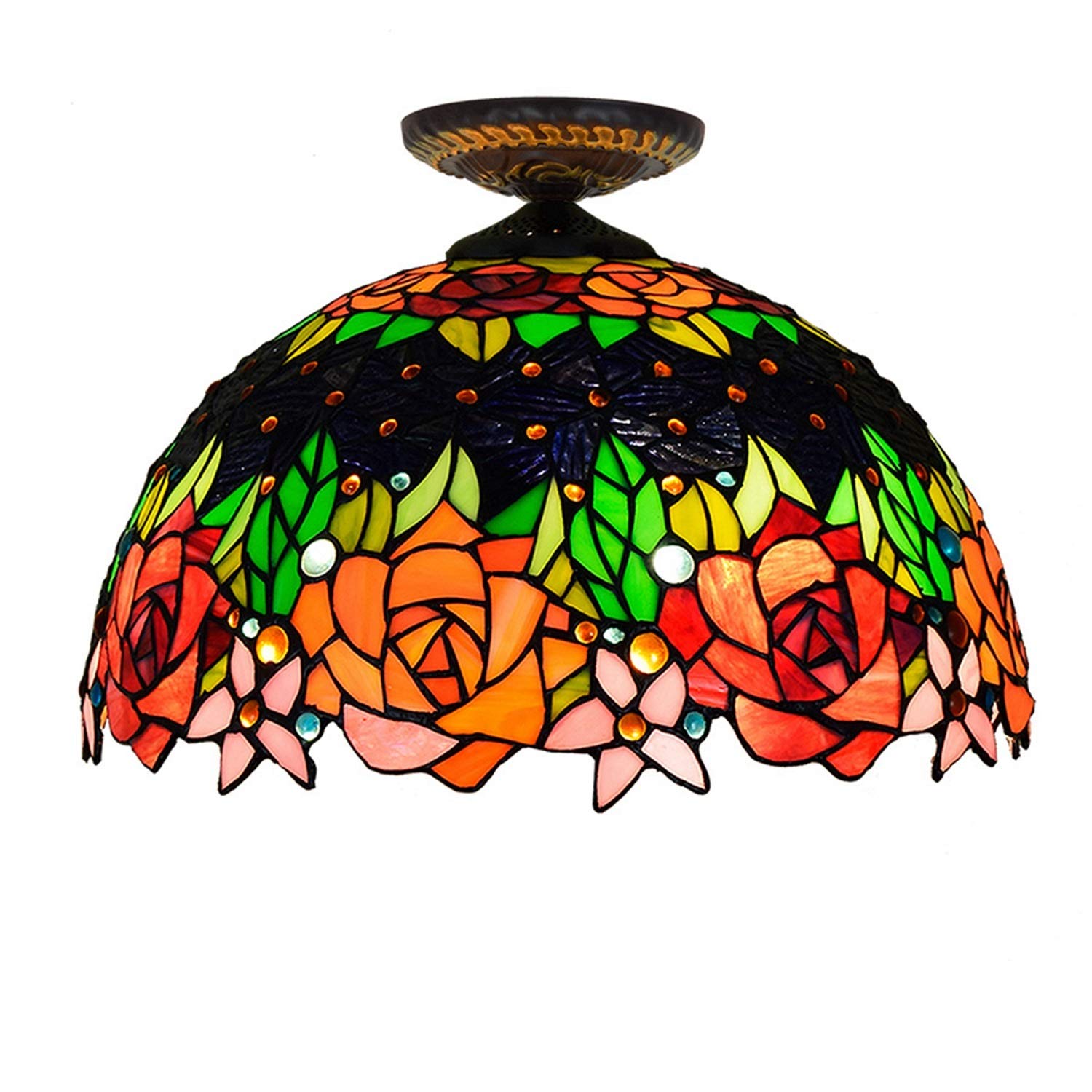 KXEcoLife Stained Glass Ceiling Lighting 16 Inches Black Rose Lamp Light Tiffany Style Home Lamps and Lanterns for Bedroom Aisle Corridor