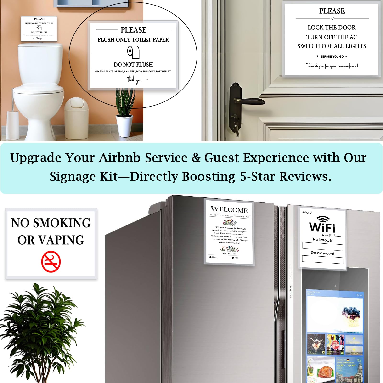 Amazon.com: 5 Essential Air BnB Signs for Hosts Set, Magnetic Welcome Wifi  Password, No Smoking Do Not Flush Signage for Bathroom, Lock Door, 4