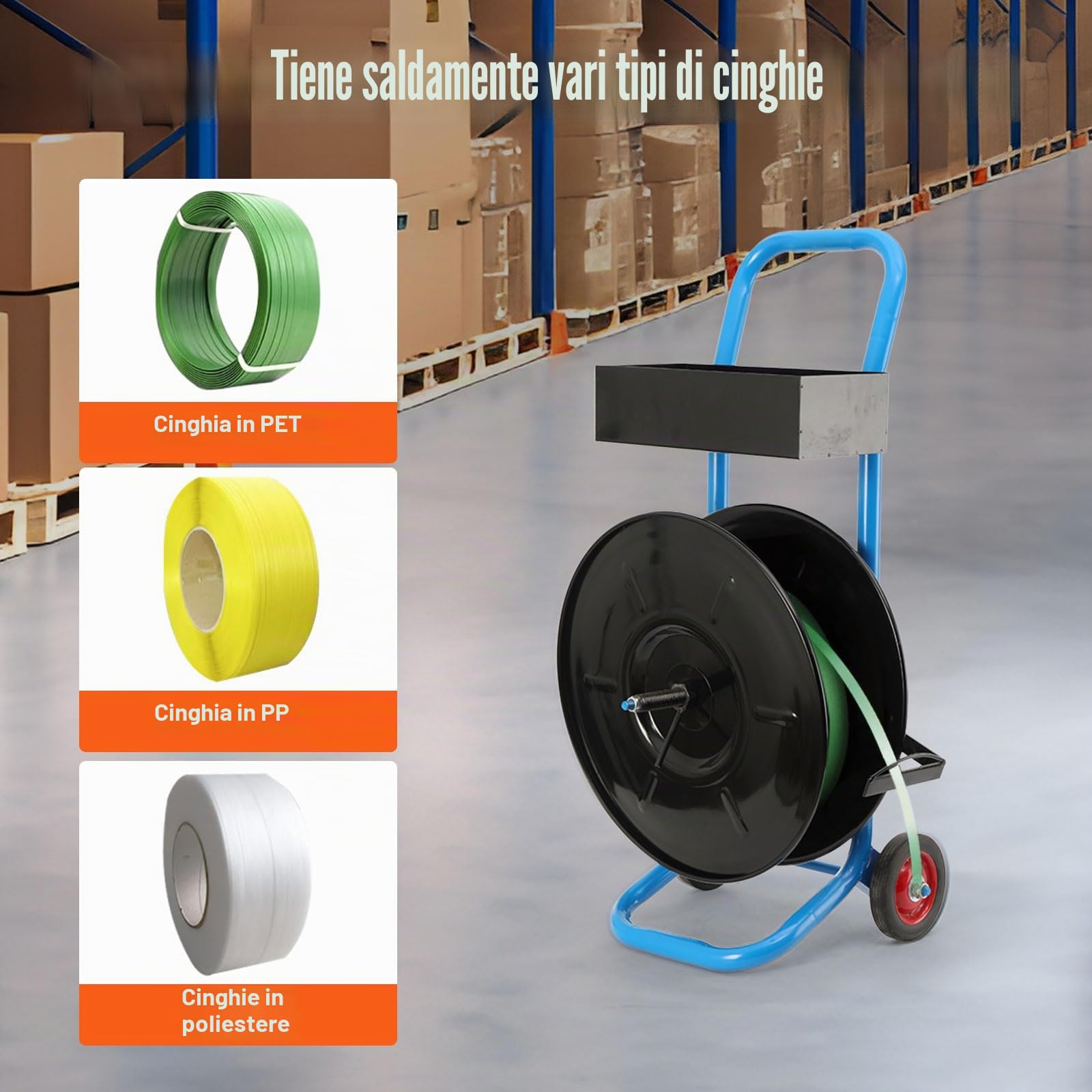 Carrello per Reggiatura, Carrello per Fascette da Imballaggio Professionale con Ruote per Reggia PP/PET/Fibra da 203 mm Fino a 70 kg, Magazzino e Uso Esterno
