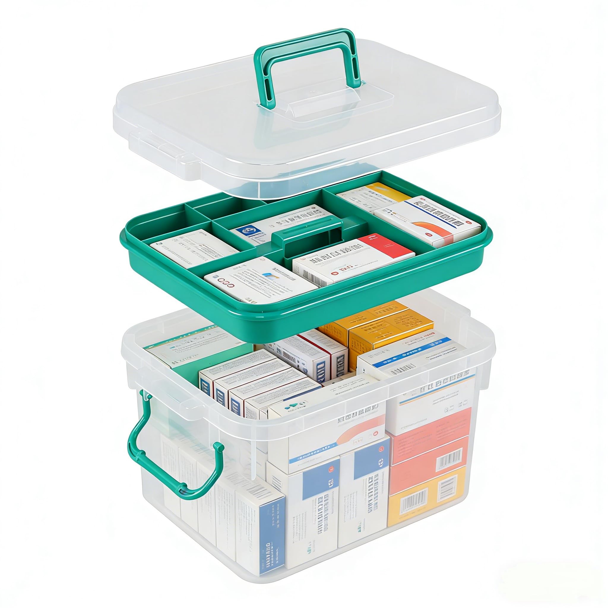 Buyitt Clear Medicine Organizer Storage Box with Handle & Tray, Plastic Empty First Aid Box, Multipurpose Medical Container with Lid, Medication Caddy