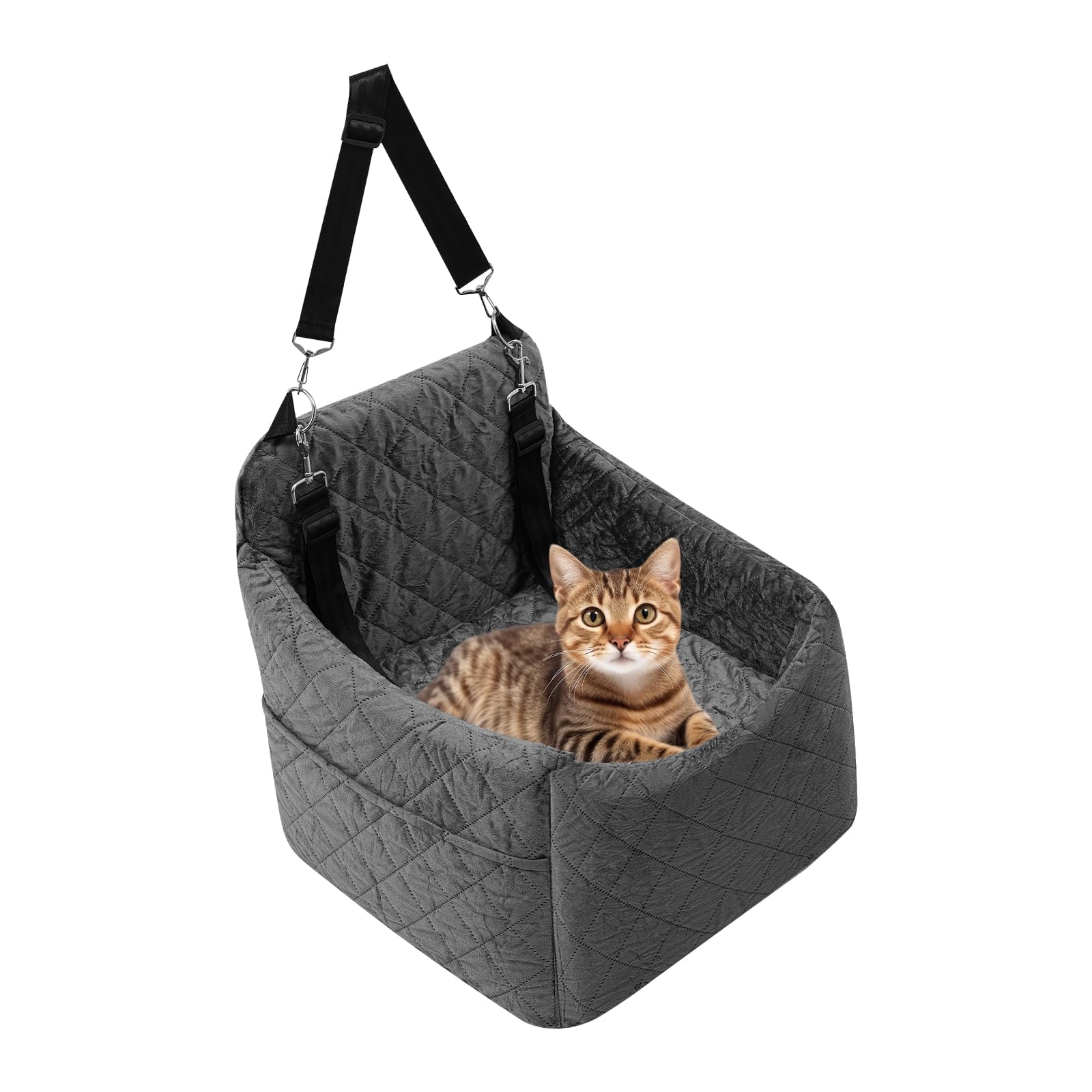 Asiento de coche para perros pequeños/medianos de menos de 15 kg, asiento de coche para mascotas desmontable y lavable, con 3 cinturones de seguridad y acolchado, cama para perro, color gris