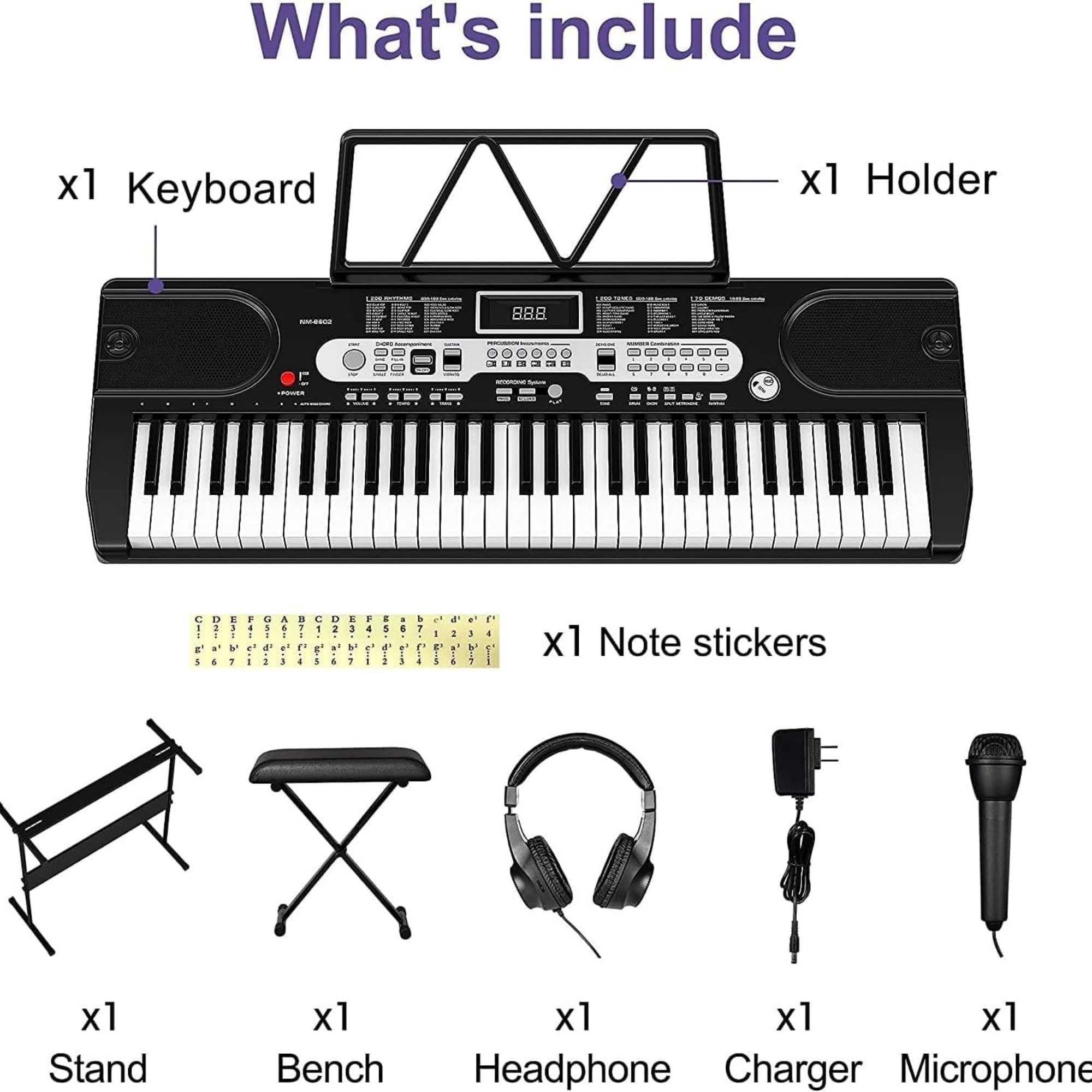 Juego de piano de 61 teclas para principiantes y niños, Piano digital con soporte de teclado, teclado eléctrico portátil con banco de piano de escritorio, auriculares, cargador, micrófono, pantalla