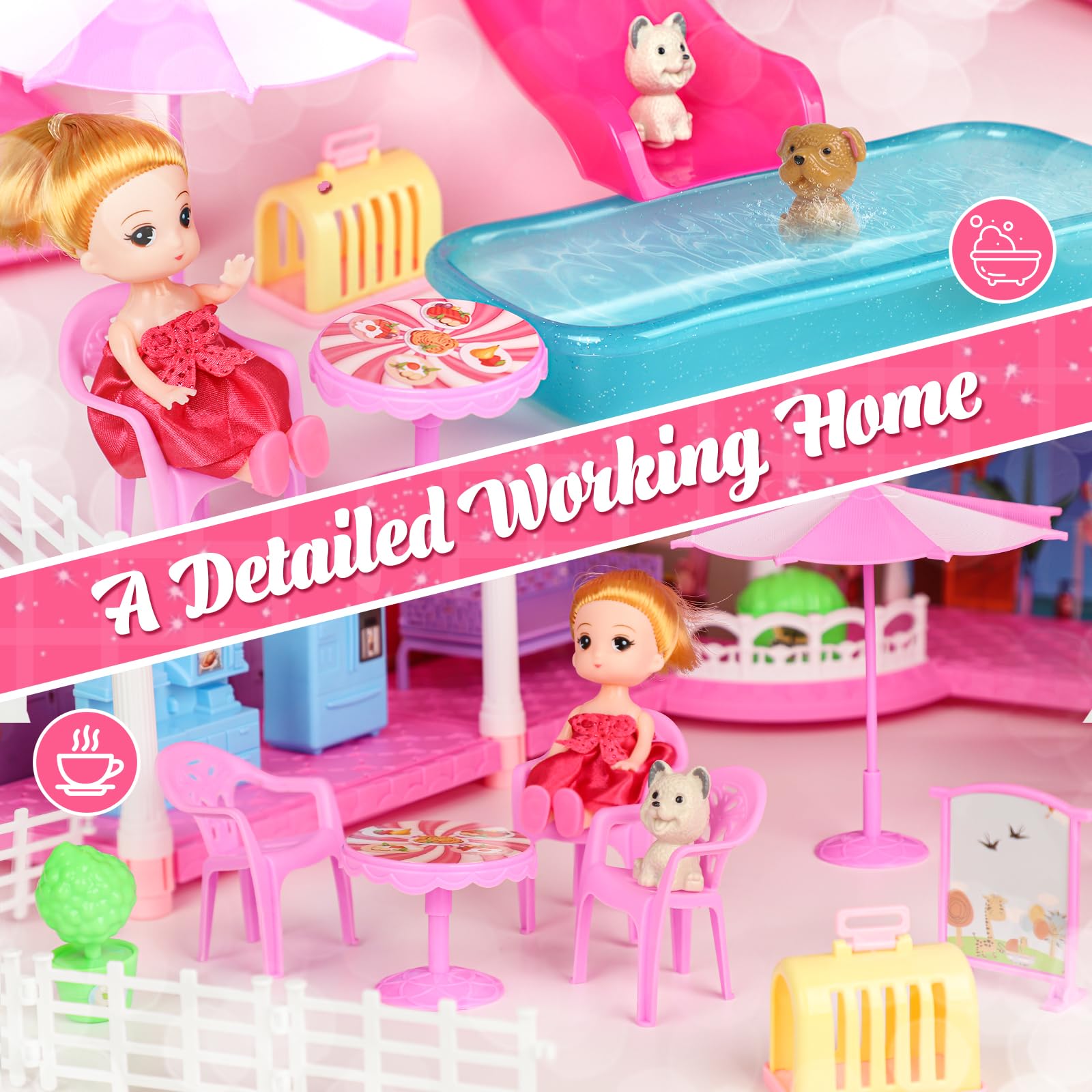 Lehoo Castle Doll House Dreamhome, 4-Story 12 Rooms Dollhouse Playhouse with Doll and Furniture, Pretend Dream Dollhouse Playset Pink Girl Toys, Sturdy Construction, Easy to Move, Ideal Gift Toy