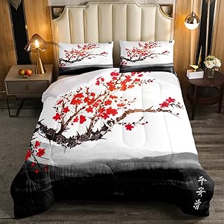Erosebridal Cherry Blossoms Comforter Set Queen for Adult Women Ink Painting Black White Down Comforter Red Cherry Blossoms Quilted Duvet Romantic Theme Bedding Duvet with 2 Pillowcases