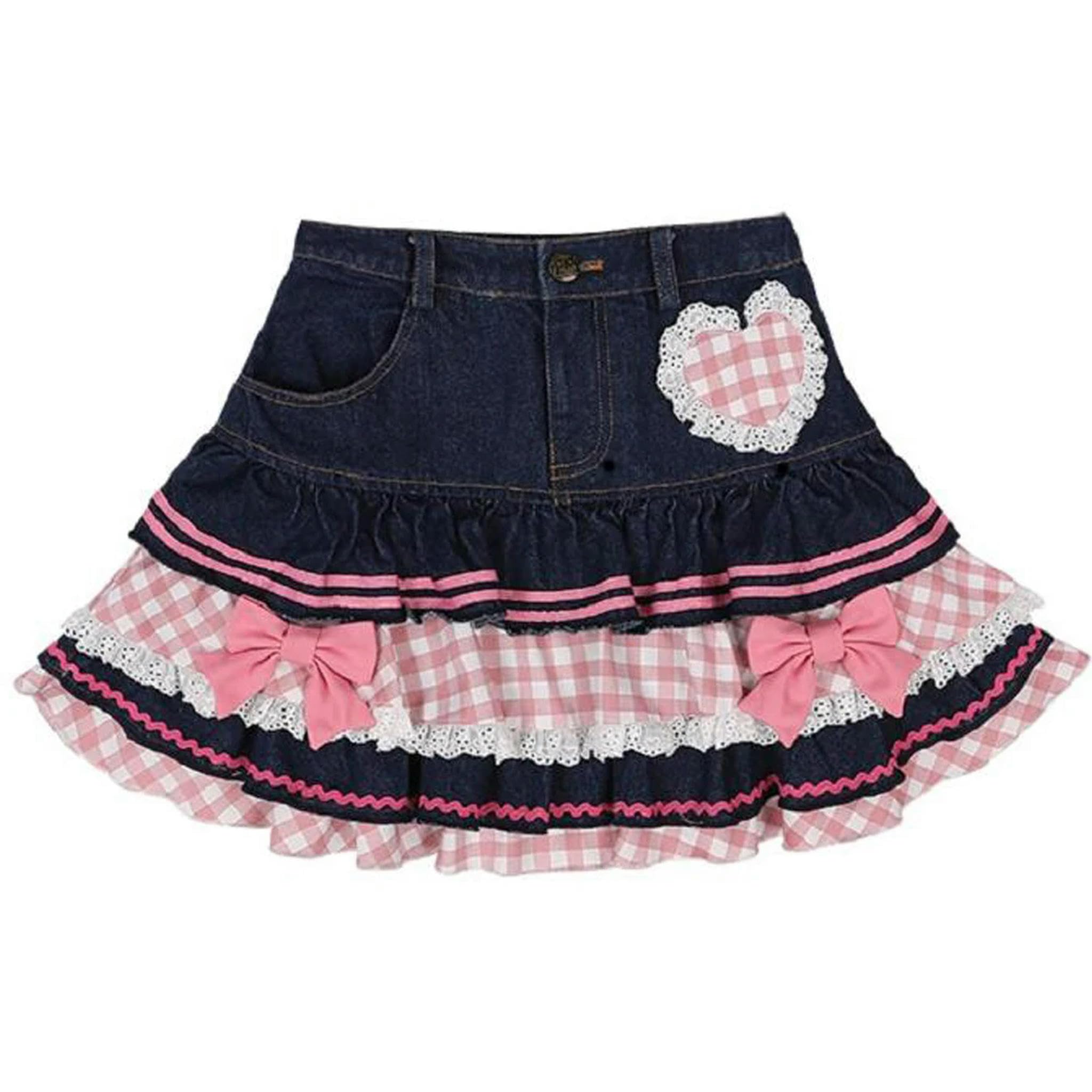 Style Preppy Lolita Kawaii Jupes Douces Mini Femmes Harajuku Mignon Robe de Bal Denim Patineuse Y2K Taille Haute Dentelle gâteau jupes-2-XXL