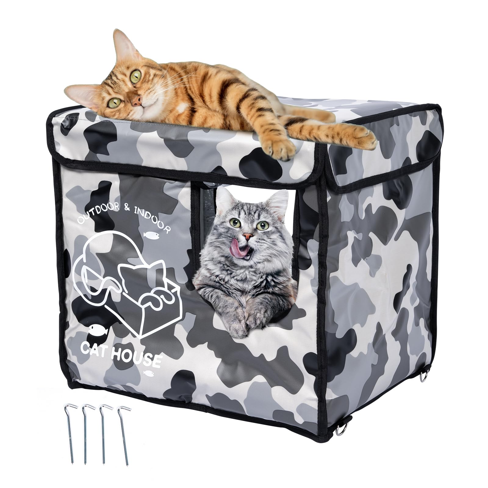 Indestructible Cat House Outdoor with Two-Sided Escape Door, Insulated and 100% Waterproof, Outside Weatherproof Feral Cat Shelter for Winter, Oxford