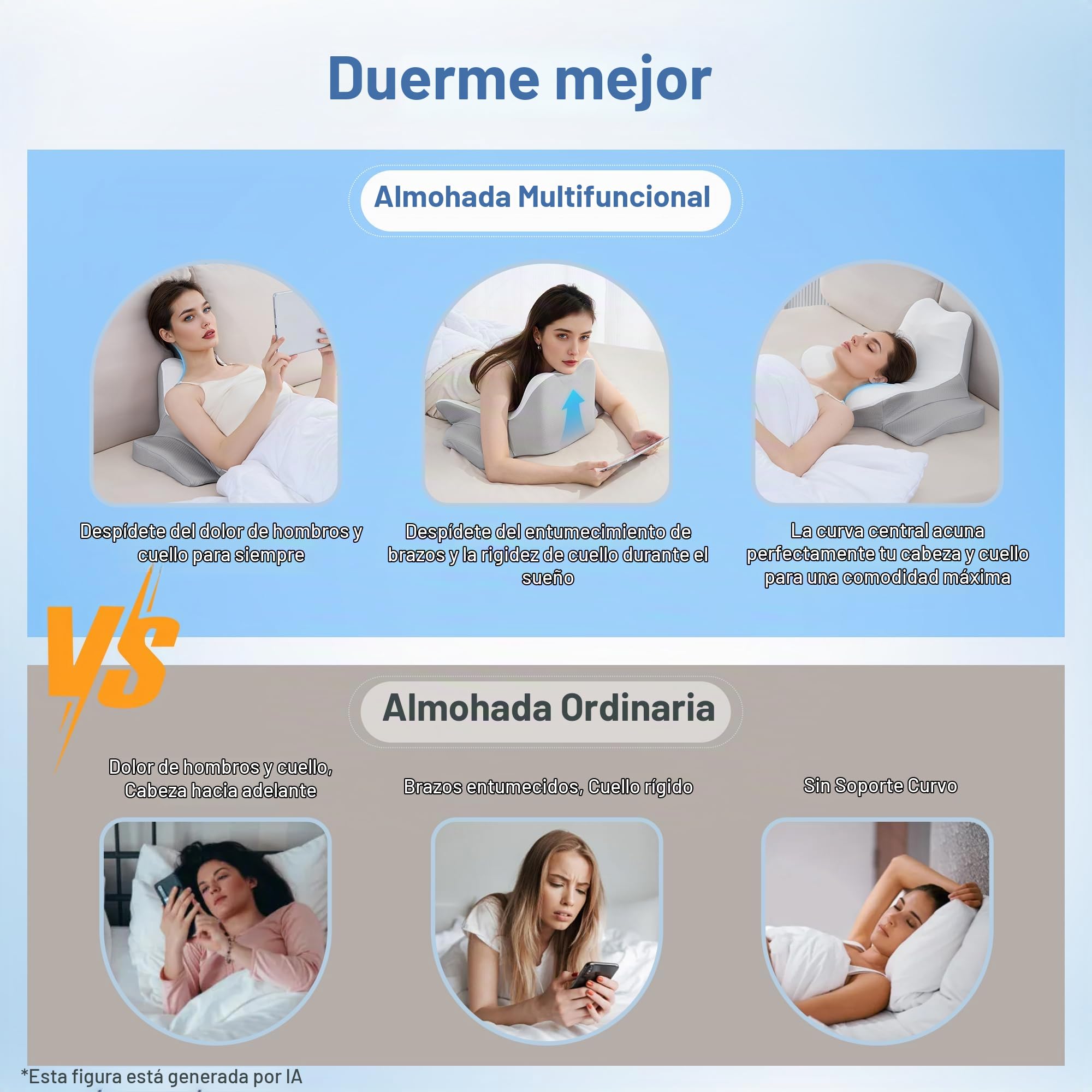 Careboda Almohada Multifunción Ergonómica Espuma Viscoelástica | Almohada ergonómica espuma viscoelástica, todas las posturas, alivia presión cervical, transpirable.