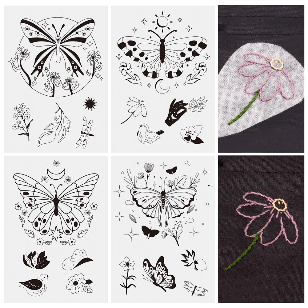 Cheriswelry 4 Sheets Butterfly Pattern Non-Woven Fabrics Embroidery Sketch Water-Soluble Embroidery for Embroidery Beginners Lovers